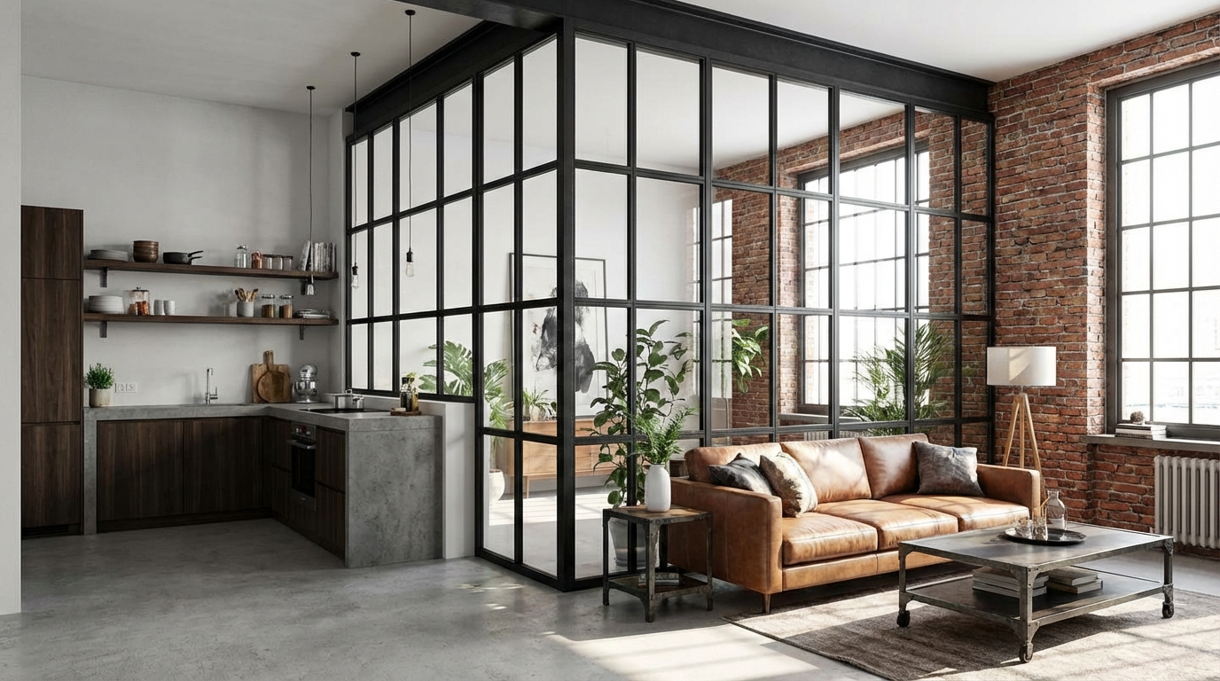 Stylowe wnętrze loftu, gdzie kuchnia jest oddzielona od salonu nowoczesną ścianą działową wykonaną z czarnych, metalowych ram i dużych przeszkleń. Ściana pełni funkcję dekoracyjną i funkcjonalną, nie naruszając poczucia otwartej przestrzeni.