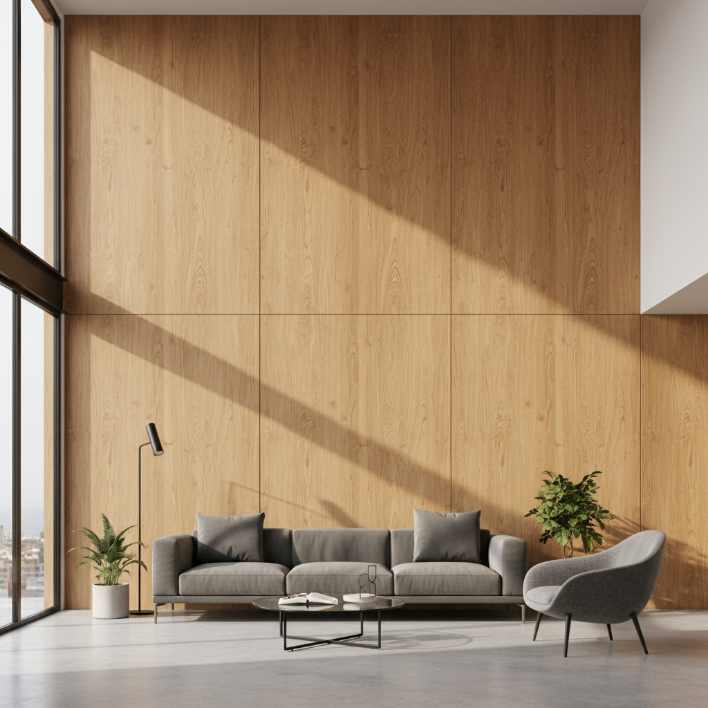 Nowoczesny, przestronny salon z wysokim sufitem. Jedna ze ścian jest w całości pokryta wielkoformatowymi panelami z forniru dębowego o ciepłym, miodowym odcieniu. Na jej tle stoi prosta, grafitowa kanapa i designerski fotel. Przez duże okna wpada popołudniowe słońce, tworząc grę światła i cienia na drewnianej powierzchni.