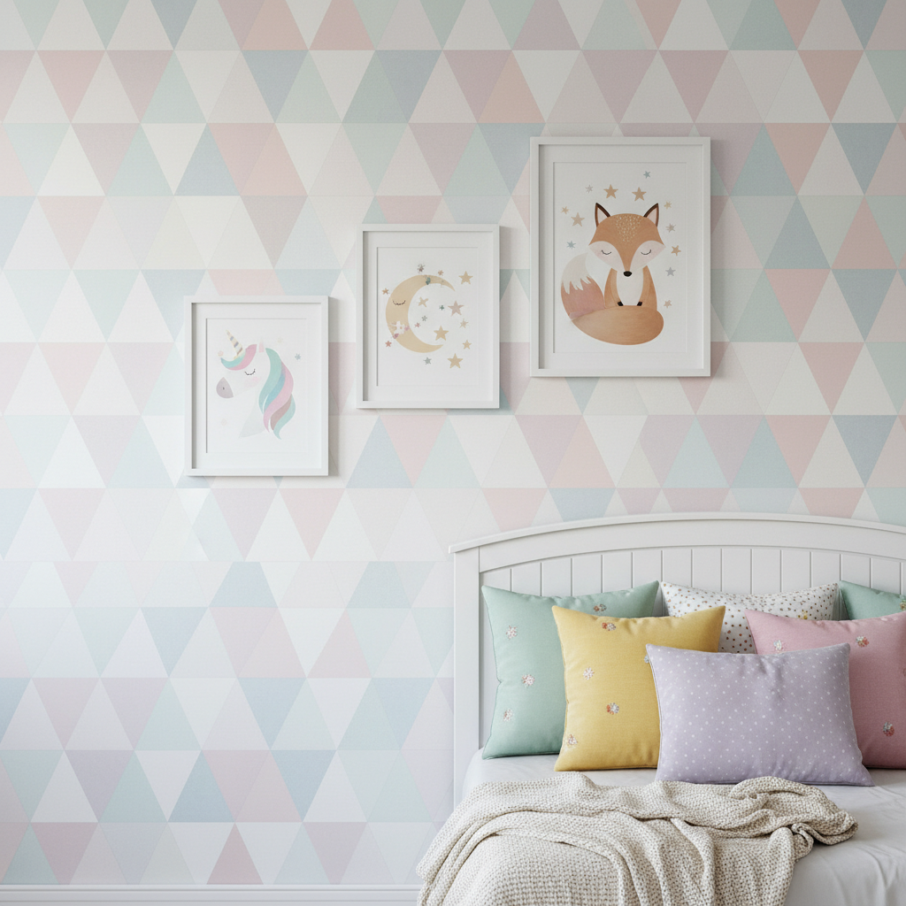 Kadr ukazujący ścianę w pokoju dziewczęcym pokrytą tapetą w subtelny, pastelowy wzór geometryczny. Na tle tapety wisi kilka białych ramek z dziecięcymi grafikami. Obok stoi fragment białego łóżka z kolorowymi poduszkami, co tworzy spójną i stylową kompozycję.