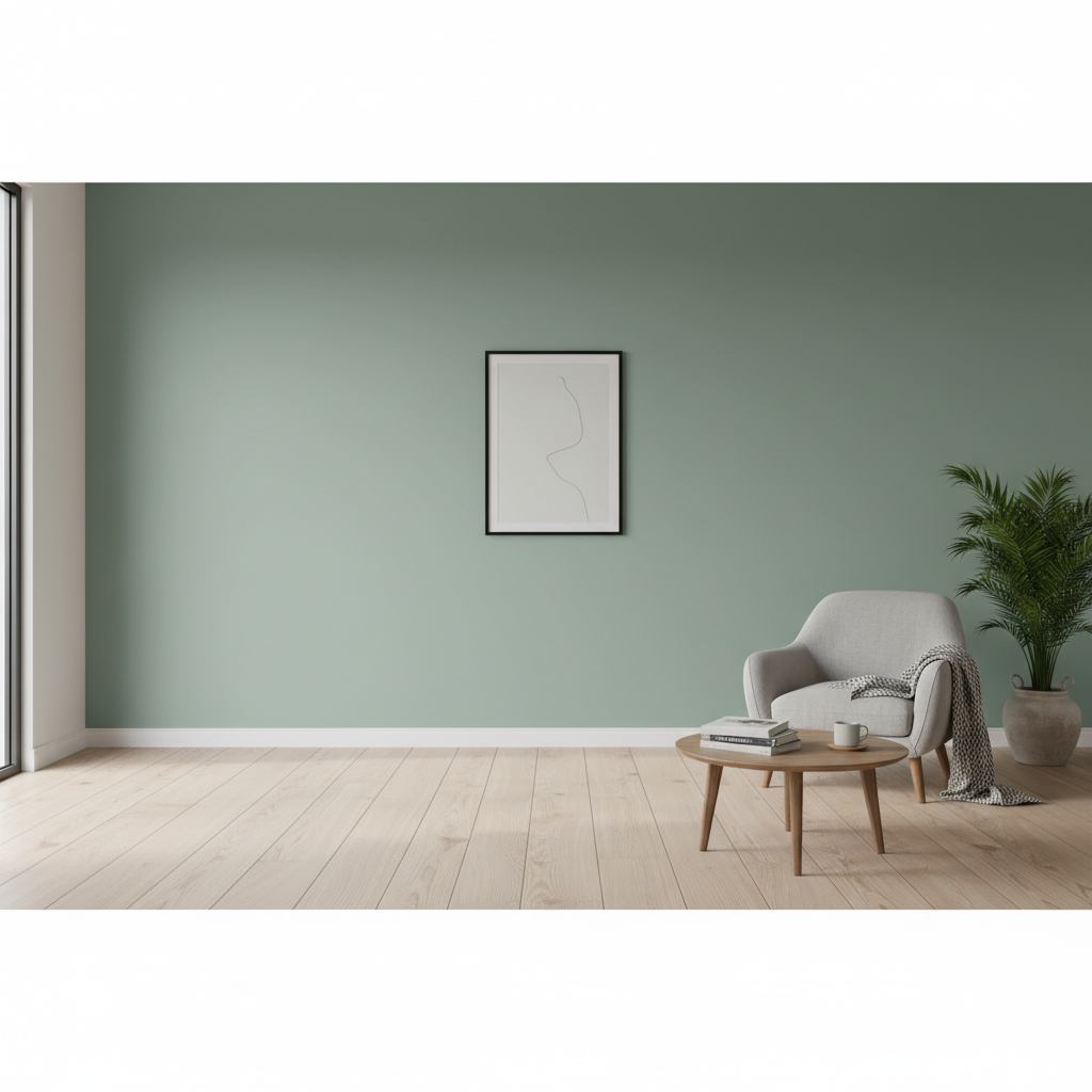 Szerokie ujęcie nowocześnie urządzonego salonu w stylu skandynawskim. Centralnym punktem jest idealnie gładka, matowa ściana w kolorze szałwiowej zieleni. Na ścianie wisi prosta, czarna ramka z abstrakcyjną grafiką. Delikatne, naturalne światło wpadające przez okno podkreśla perfekcyjną powierzchnię ściany, bez żadnych smug, pęknięć czy niedoskonałości. W rogu pomieszczenia stoi wygodny fotel i roślina doniczkowa, tworząc przytulną atmosferę.