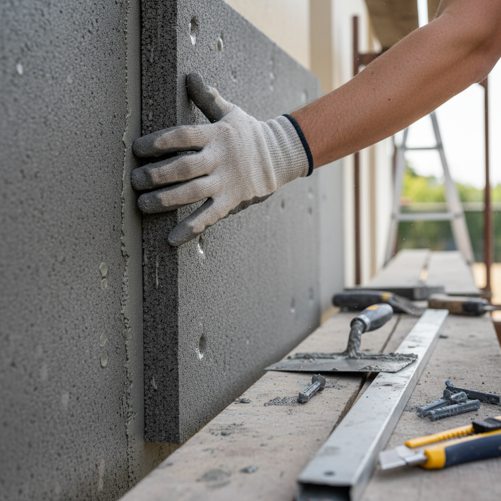 Zbliżenie na ścianę zewnętrzną budynku jednorodzinnego w trakcie prac ociepleniowych. Widać rękę pracownika w rękawicy, który starannie montuje dużą, grafitową płytę styropianu. Obok leżą narzędzia. Kadr jest dynamiczny i skupiony na detalu, podkreślając precyzję i jakość wykonywanych robót.