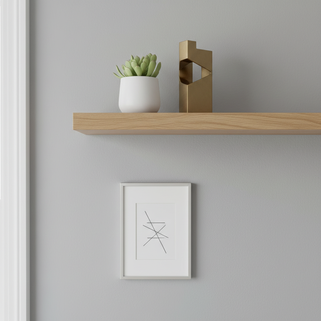 Zbliżenie na fragment ściany w domowym biurze, gdzie subtelna, pastelowo-szara farba łączy się z naturalnym drewnem półki, na której stoi minimalistyczna dekoracja i mała roślina doniczkowa.