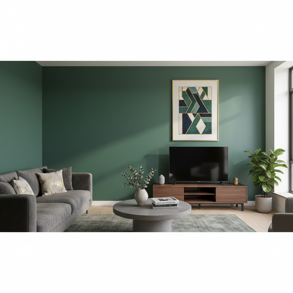 Stylowe wnętrze salonu, gdzie jedna ściana jest pomalowana głęboką matową farbą w kolorze butelkowej zieleni, a druga, w tym samym kolorze, ma subtelne satynowe wykończenie, na którym delikatnie gra światło z okna, ukazując różnicę w odbiorze koloru i faktury.