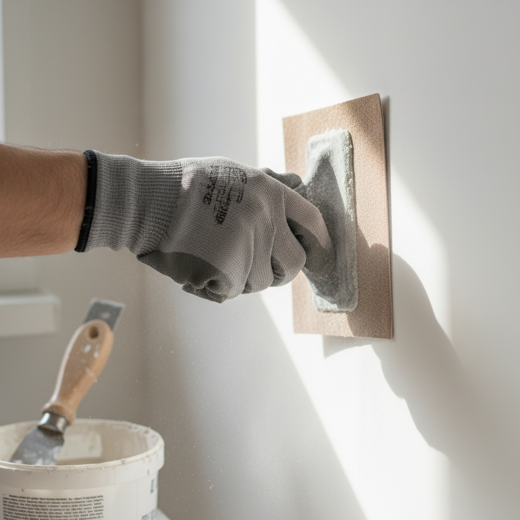 Zbliżenie na dłoń w rękawicy roboczej, która za pomocą pacy z papierem ściernym szlifuje gładką, białą ścianę. W tle widać fragmenty narzędzi malarskich, takich jak szpachelka i puszka z masą szpachlową. Delikatny pył unosi się w powietrzu, oświetlony promieniami słońca wpadającymi przez okno. Kadr jest czysty i minimalistyczny, podkreślając precyzję pracy.