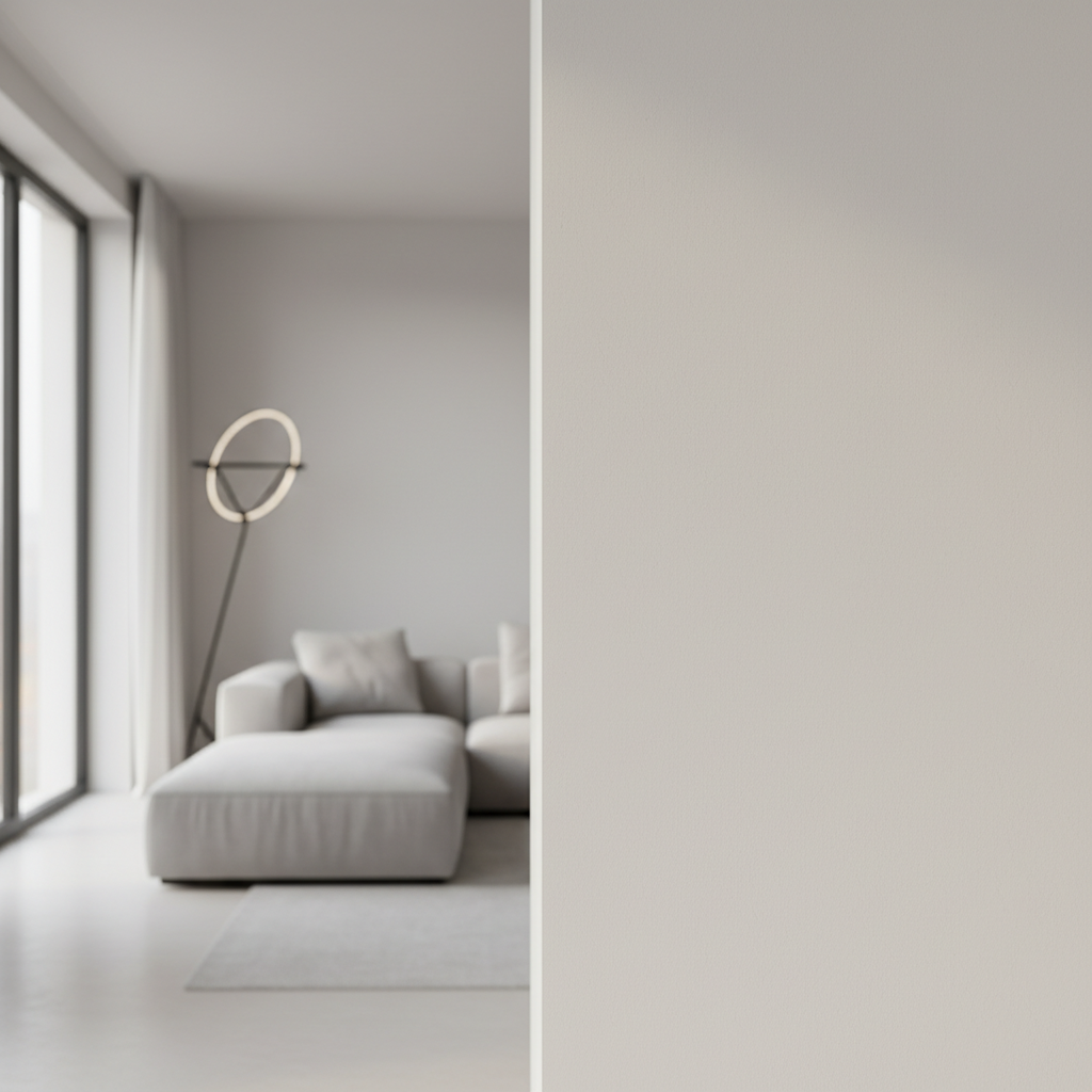 Szerokie ujęcie minimalistycznego, nowocześnie urządzonego salonu. Główne światło pada z boku, z dużego okna, delikatnie muskając idealnie gładką, matową ścianę w kolorze złamanej bieli. Światło podkreśla perfekcyjną fakturę ściany, bez żadnych niedoskonałości. W tle widać fragment nowoczesnej kanapy i designerską lampę podłogową. Całość tworzy wrażenie spokoju, harmonii i perfekcyjnego wykończenia.