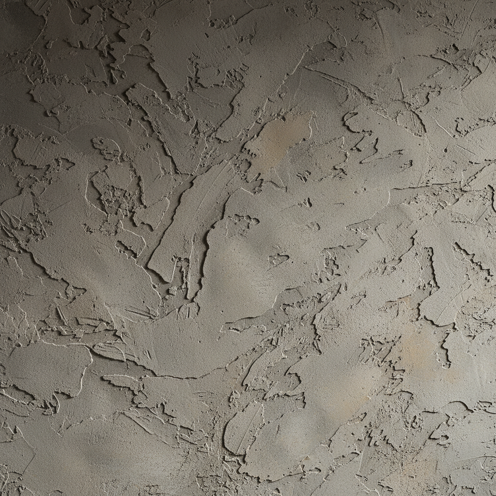 Makro ujęcie ściany pokrytej tynkiem dekoracyjnym Tikkurila Be Special Decor Retro. Widoczne są głębokie, artystyczne żłobienia i przetarcia tworzące organiczny, dynamiczny wzór. Boczne oświetlenie dramatycznie podkreśla trójwymiarowość faktury, rzucając długie cienie w zagłębieniach. Kolorystyka to mieszanka odcieni szarości i beżu.