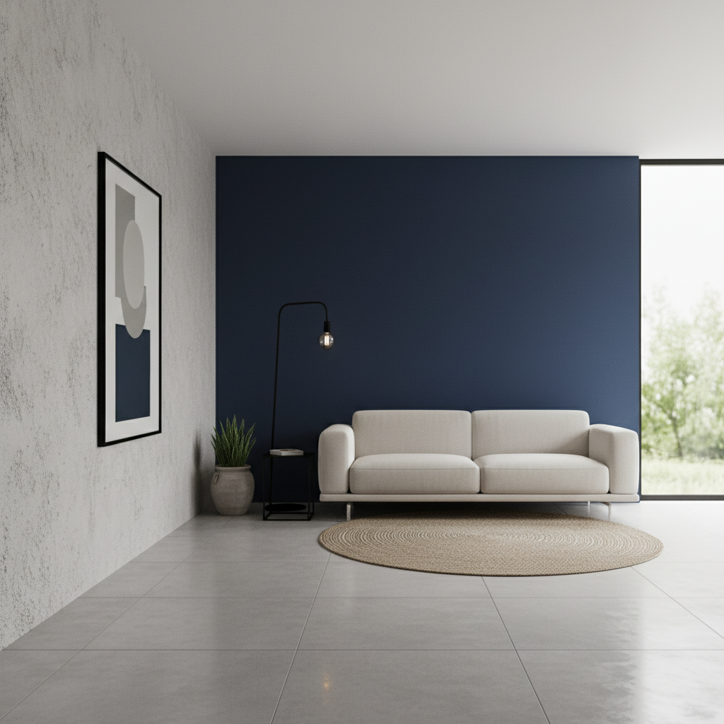 Eleganckie, minimalistyczne wnętrze, gdzie jedna ściana jest pokryta dekoracyjnym tynkiem strukturalnym o subtelnej fakturze betonu, a przylegająca do niej ściana jest pomalowana na idealnie gładki, matowy, głęboki granat, tworząc stylowy kontrast.