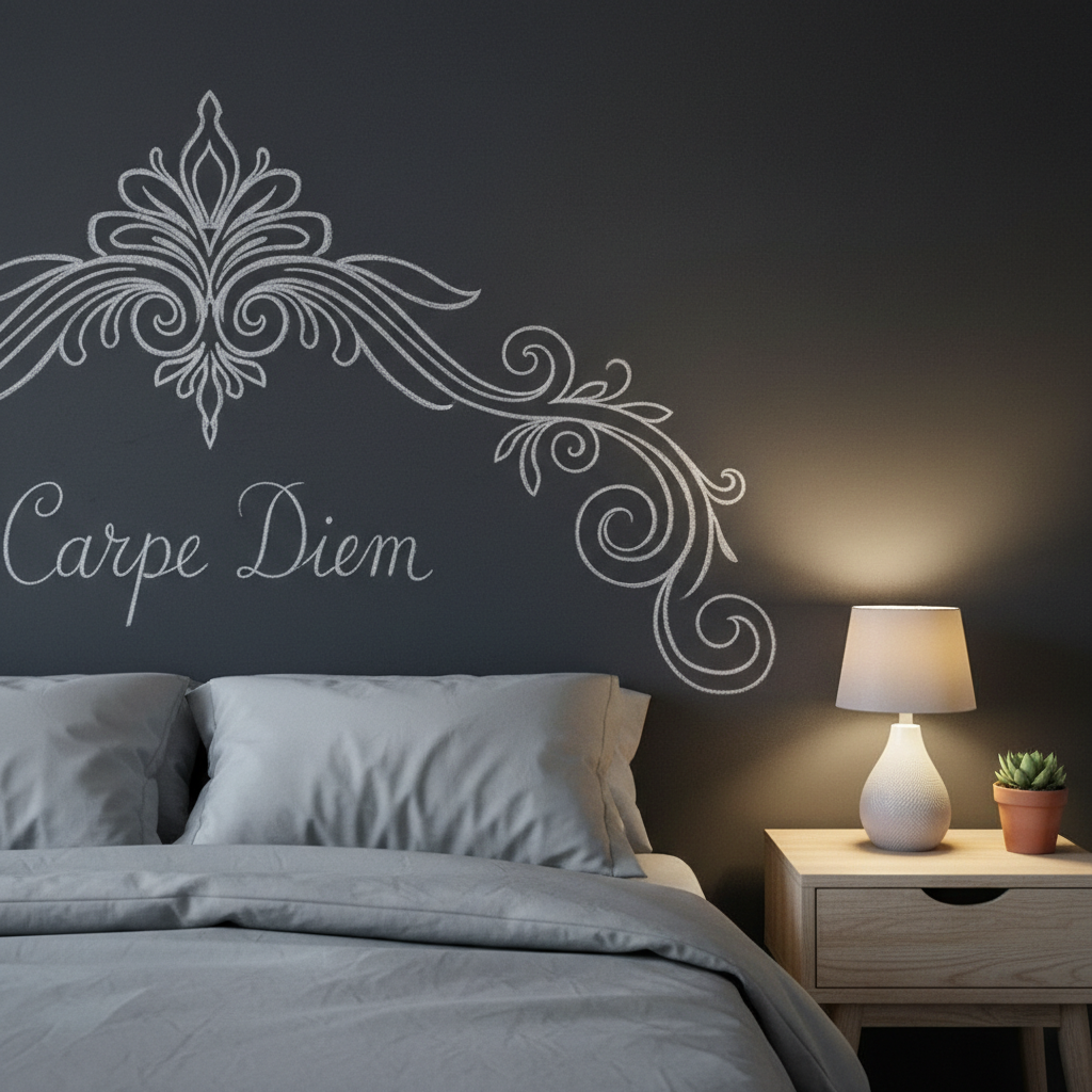 Zbliżenie na czarną ścianę pomalowaną farbą tablicową w przytulnej sypialni. Na ścianie, tuż nad łóżkiem, kredą narysowany jest piękny, stylizowany zagłówek oraz napis “Carpe Diem”. Obok stoi prosta, drewniana szafka nocna z małą lampką o ciepłym świetle.