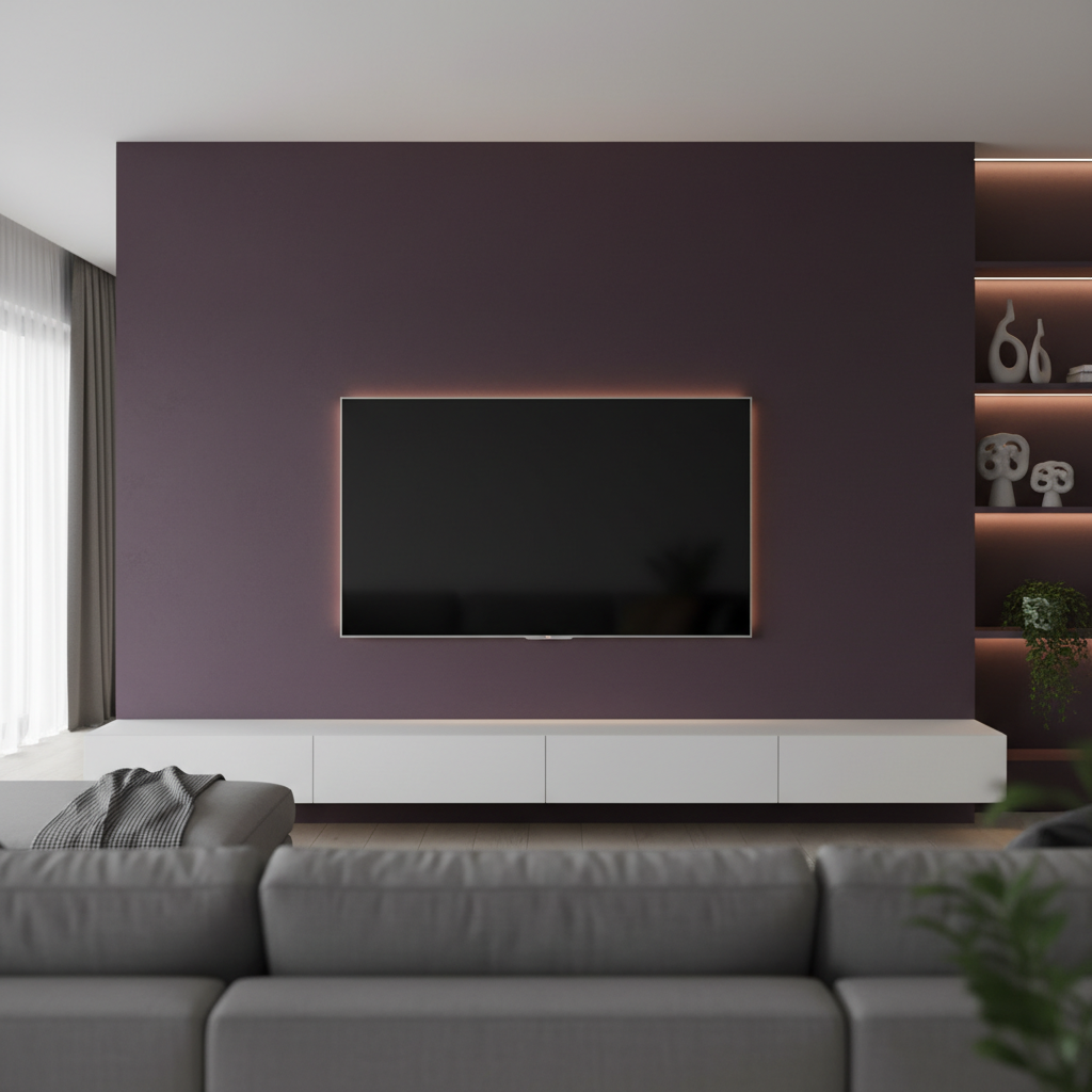 Zbliżenie na ścianę akcentową w nowoczesnym salonie, pomalowaną na głęboki, matowy odcień fioletu. W jej centrum zamontowany jest duży, elegancki telewizor z płaskim ekranem. Poniżej znajduje się prosta, niska szafka RTV w kolorze białym. Ściana ta w subtelny sposób oddziela przytulną strefę wypoczynkową z szarym narożnikiem od reszty otwartej przestrzeni.