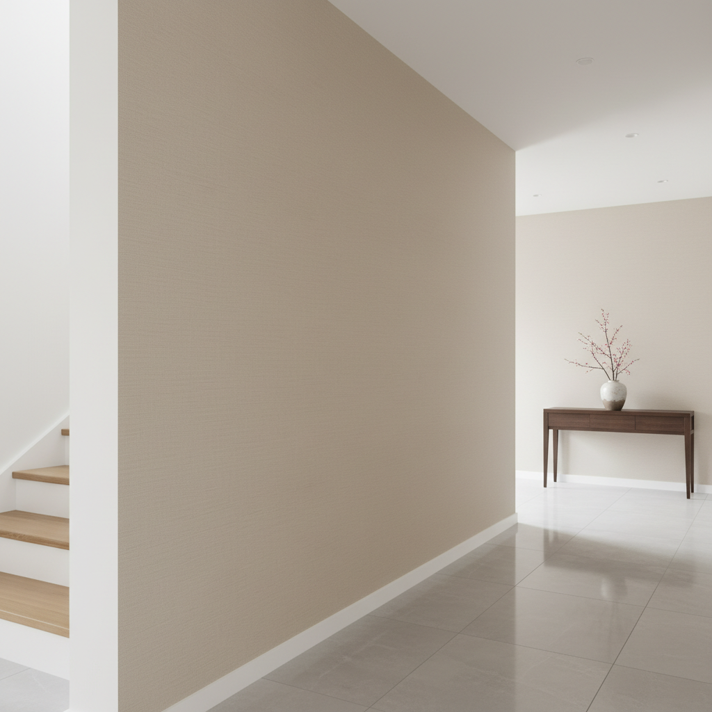 Nowoczesny, jasny korytarz w domu jednorodzinnym. Jedna ze ścian jest pokryta tapetą z włókna szklanego o delikatnej fakturze płótna, pomalowaną na neutralny, beżowy kolor. Widać fragment schodów z drewnianymi stopniami. Na ścianie nie ma żadnych zarysowań ani uszkodzeń, co podkreśla jej trwałość i odporność na codzienne użytkowanie.