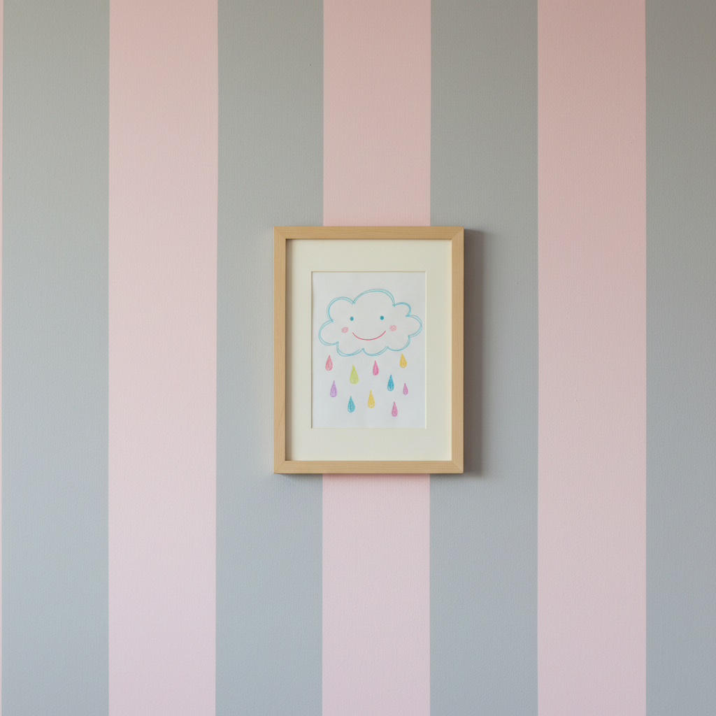 Zbliżenie na fragment ściany pomalowanej w szerokie, pionowe pasy w odcieniach pastelowego różu i delikatnej szarości. Na ścianie wisi prosta, drewniana ramka z dziecięcą grafiką. Światło padające z boku podkreśla matowe wykończenie farby.