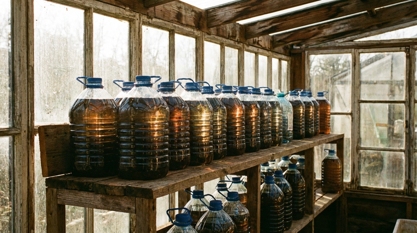 Artystyczne ujęcie rzędów dużych, plastikowych butelek wypełnionych ciemną wodą, ustawionych na drewnianych półkach przy nasłonecznionej ścianie szklarni. Promienie słońca przechodzą przez szkło i oświetlają butelki, tworząc ciekawe refleksy. Kompozycja podkreśla ideę recyklingu i sprytnego wykorzystania zasobów.