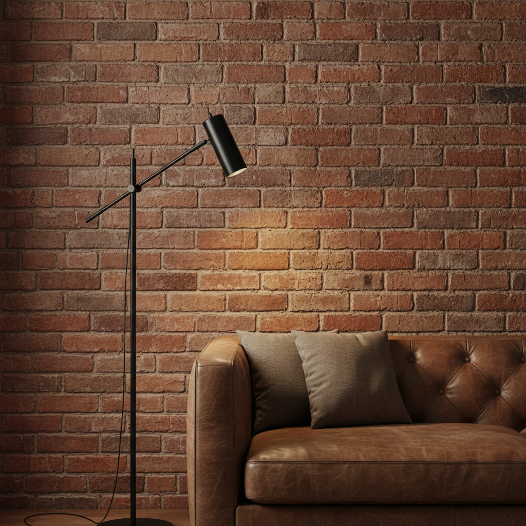 sciana_z_cegly_loft - Zbliżenie na fragment ściany z autentycznej, czerwonej cegły, oświetlonej ciepłym, bocznym światłem, które podkreśla jej chropowatą fakturę i różnorodność odcieni. Na tle cegły stoi prosta, czarna metalowa lampa podłogowa i fragment skórzanej, brązowej kanapy, tworząc klimatyczny i przytulny kącik.