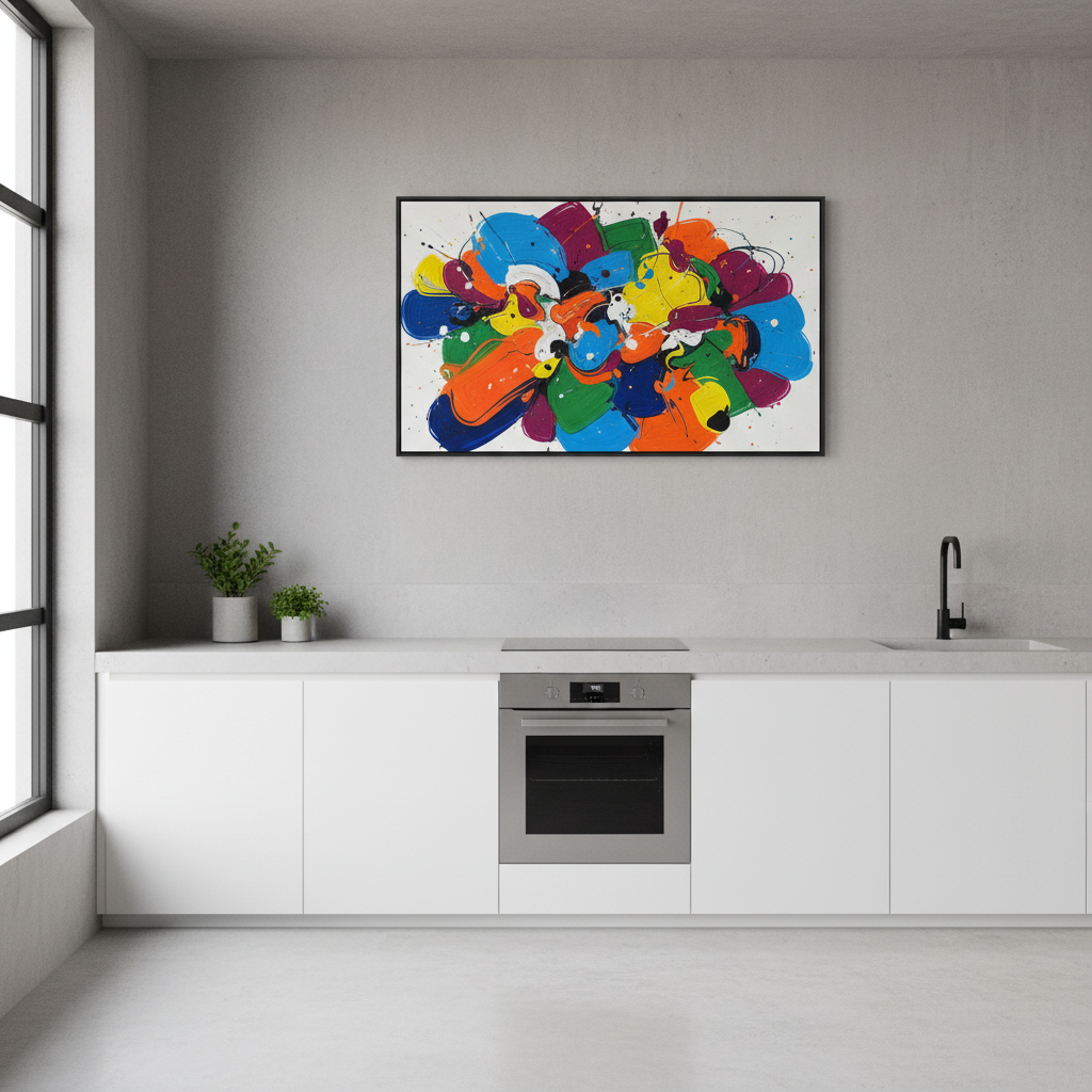 Minimalistyczna kuchnia bez górnych szafek z gładką, betonową ścianą nad blatem. Na ścianie wisi duży, abstrakcyjny obraz w żywych kolorach.