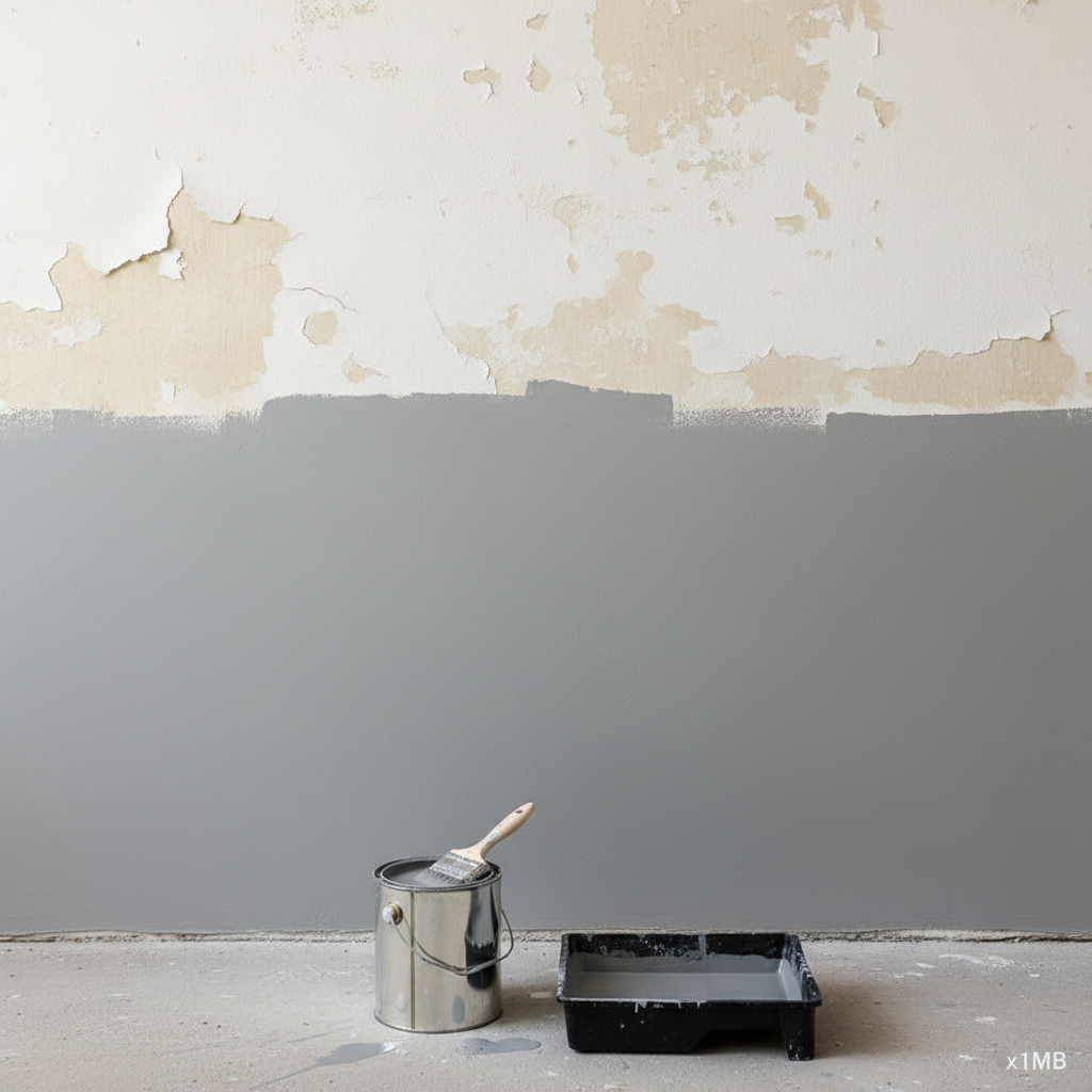 Ujęcie fragmentu ściany, która jest w połowie pomalowana. Jedna część ściany ma stary, biały kolor, a druga jest pokryta jednolitą warstwą szarego podkładu. Obok na podłodze stoi otwarta puszka z farbą podkładową i kuweta malarska. Kompozycja sugeruje proces przygotowania ściany do malowania.