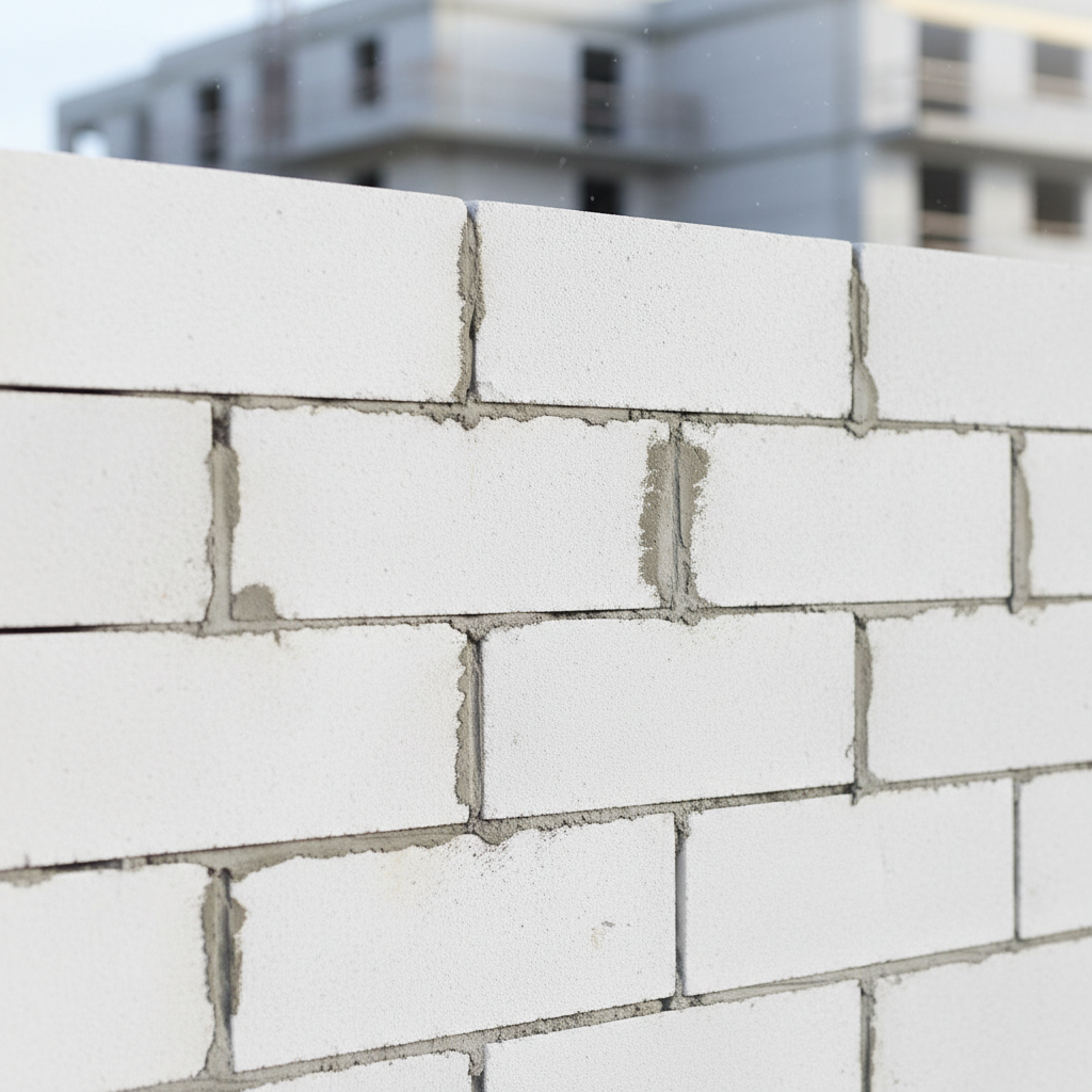 Ujęcie z bliska na idealnie wymurowany fragment ściany z białych bloków SILKA. Światło delikatnie oświetla równe spoiny i gładką powierzchnię bloków, podkreślając precyzję wykonania i solidność konstrukcji. W tle widać zarys dalszej części budowy.