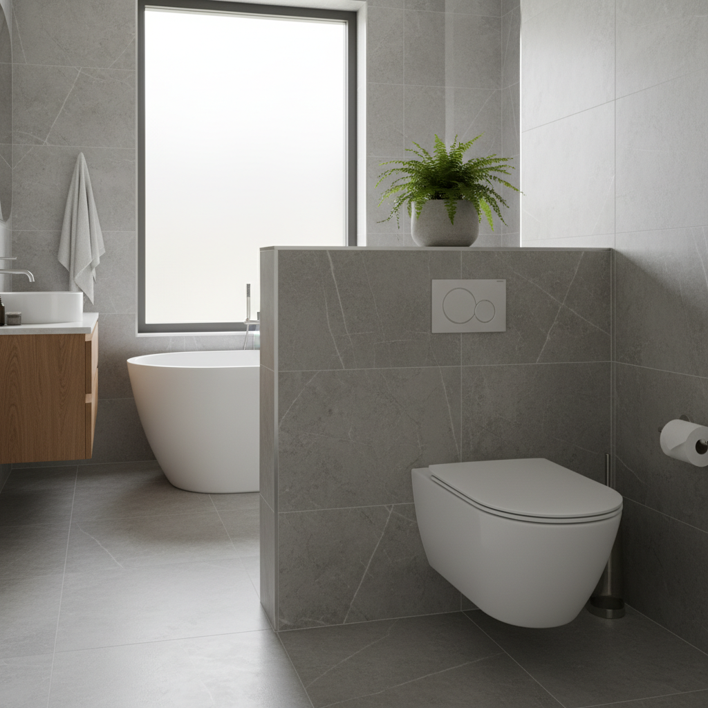 Elegancka, niska ścianka działowa w nowoczesnej łazience, oddzielająca strefę toalety od reszty pomieszczenia. Ścianka jest wykończona tymi samymi płytkami co ściana za nią, tworząc spójną całość. Na ściance stoi mała roślina w doniczce.