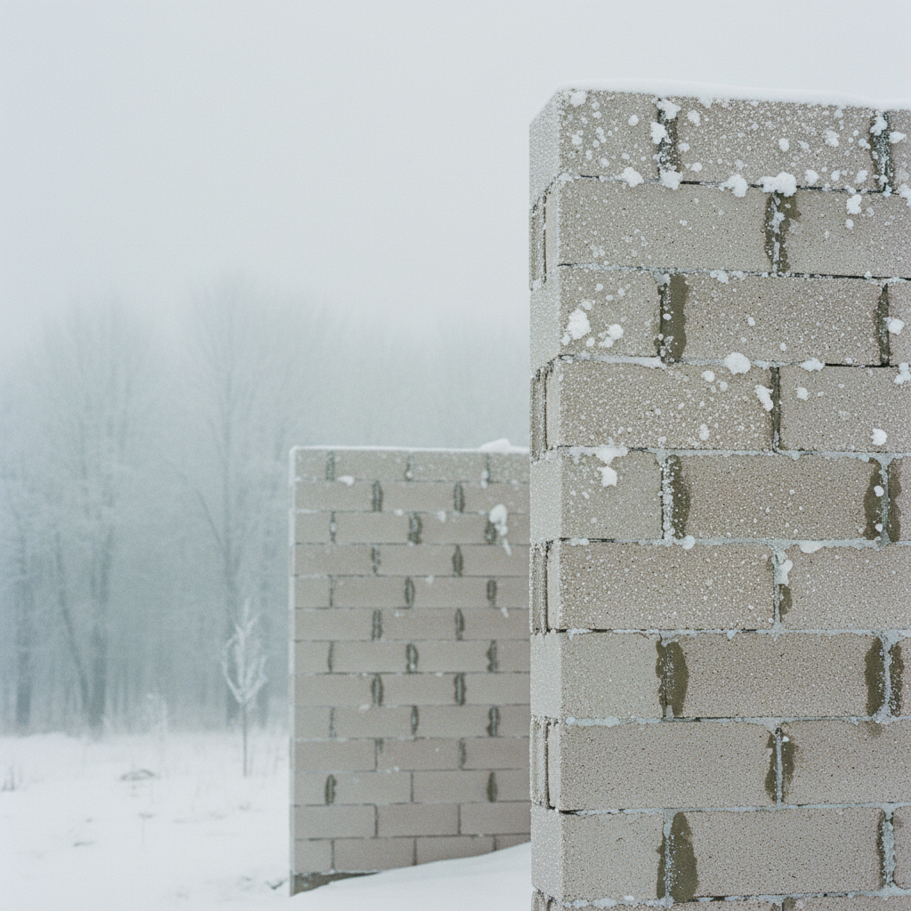 Surowe, jasne ściany domu z betonu komórkowego, pokryte lekką warstwą szronu i śniegu. W tle widać zimowy, zamglony krajobraz z drzewami. Obraz podkreśla surową estetykę i odporność murów na trudne warunki atmosferyczne.