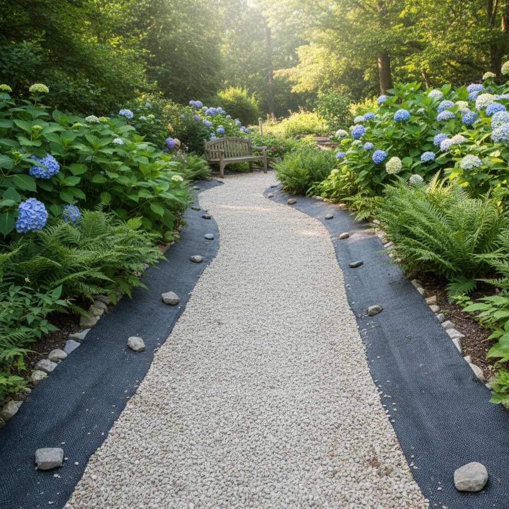 Estetyczna ścieżka ogrodowa wykonana z jasnego żwiru, oddzielona od ziemi geowłókniną, otoczona bujną zielenią.