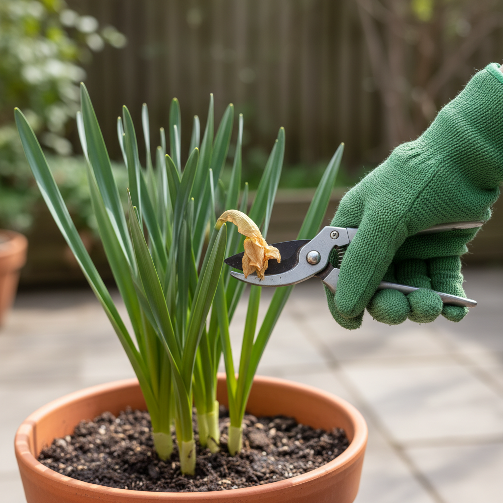 Dłoń w rękawiczce ogrodowej, trzymająca małe nożyczki, delikatnie przycinająca zwiędły kwiatostan żonkila w doniczce. W tle widać zdrowe, wciąż zielone liście, co podkreśla, że należy je pozostawić nienaruszone.