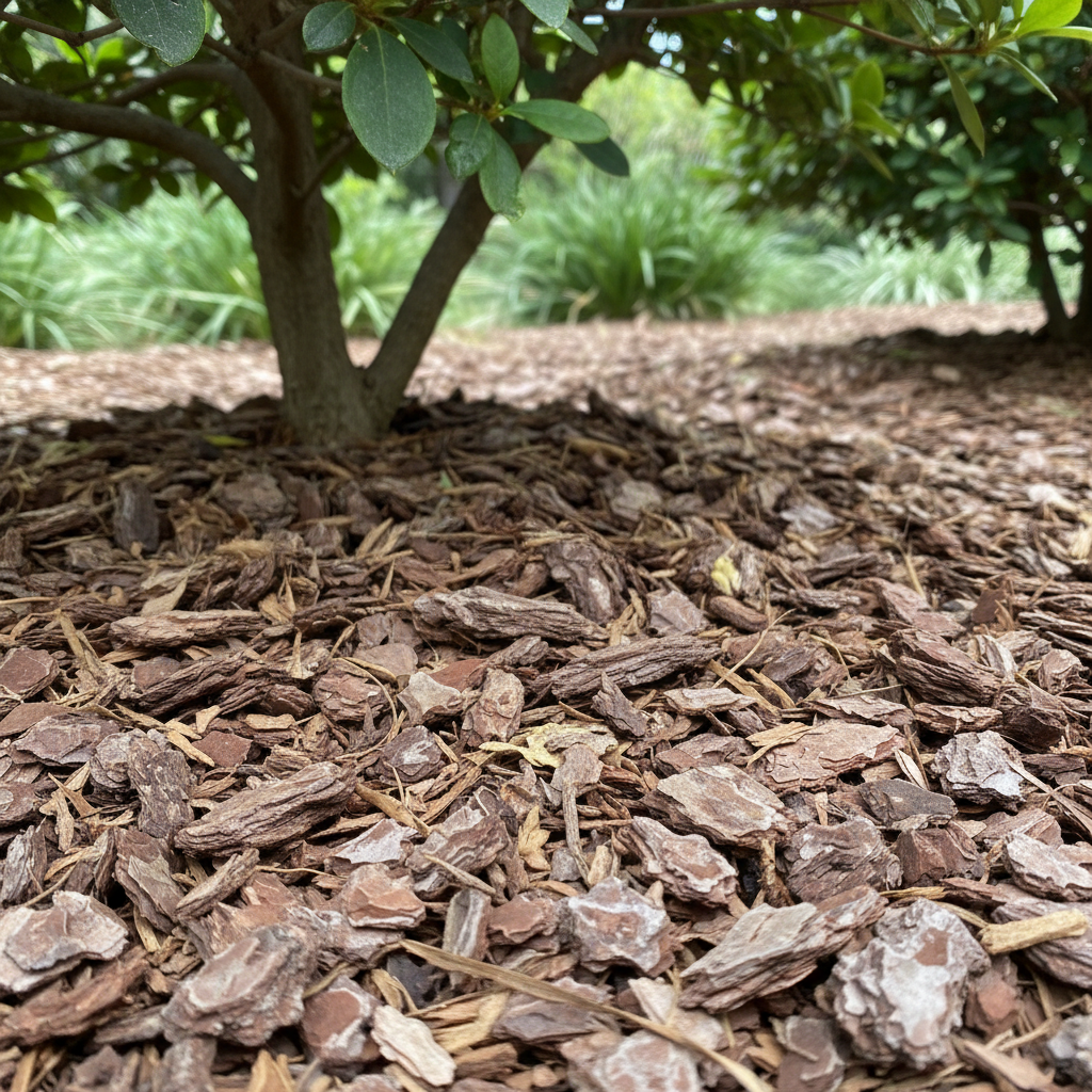 Zbliżenie na podstawę krzewu azalii, gdzie widoczna jest gruba warstwa świeżej, brązowej kory sosnowej, pokrywającej ziemię wokół pnia. W tle widać zielone liście rośliny.
