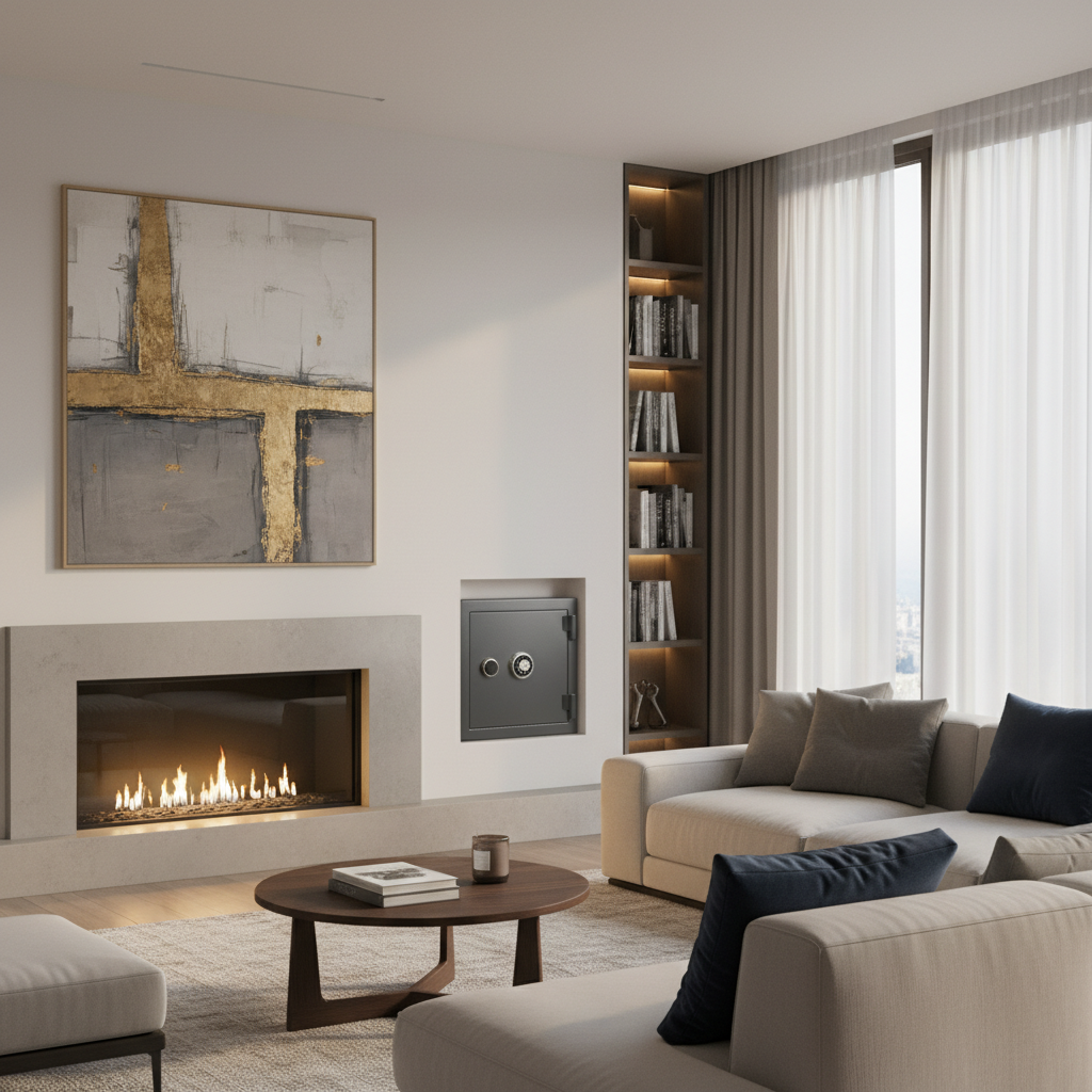 Eleganckie, nowoczesne wnętrze salonu z kominkiem. W dyskretnej wnęce obok regału z książkami widać stylowy, grafitowy sejf domowy, idealnie wkomponowany w wystrój. Światło jest ciepłe i tworzy atmosferę bezpieczeństwa i luksusu.