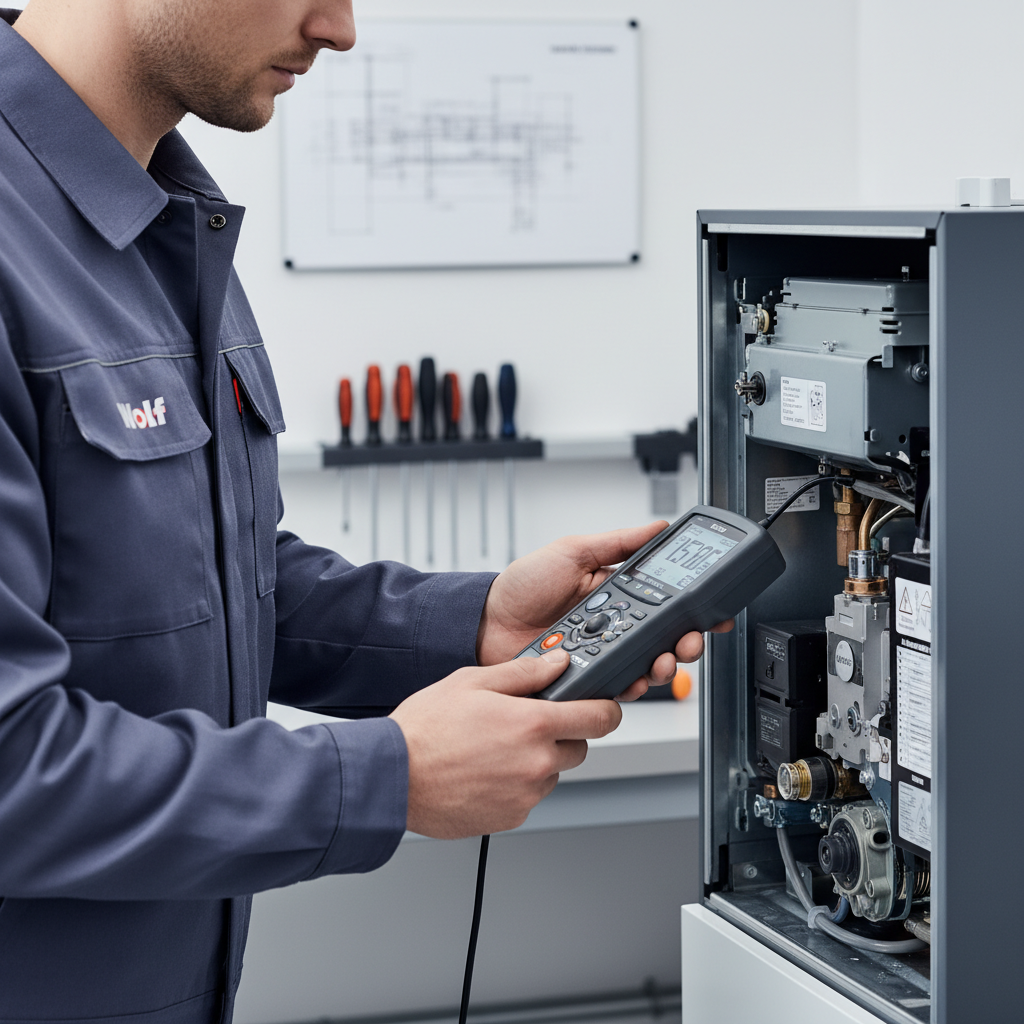 Profesjonalny serwisant w firmowym stroju z logo Wolf, skupiony na pracy przy otwartym kotle gazowym. W ręku trzyma elektroniczne narzędzie diagnostyczne. Ujęcie z bliska pokazuje precyzję i fachowość, a tło jest czyste i techniczne, co buduje zaufanie do marki.
