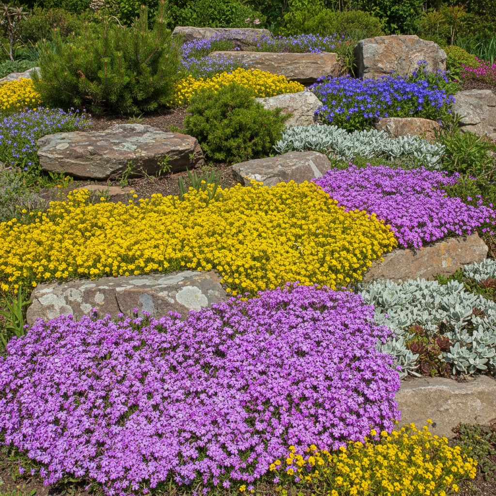 Przepiękny, dojrzały ogród skalny w pełnym słońcu, zalany kaskadami kolorowych kwiatów. Na pierwszym planie widoczne są fioletowe floksy szydlaste, żółte smagliczki skalne i srebrzyste liście rojników. W tle większe głazy porośnięte miniaturowymi iglakami i dzwonkami karpackimi. Zdjęcie jest jasne, nasycone kolorami i inspirujące, ukazujące bujną roślinność w harmonii z kamieniami.