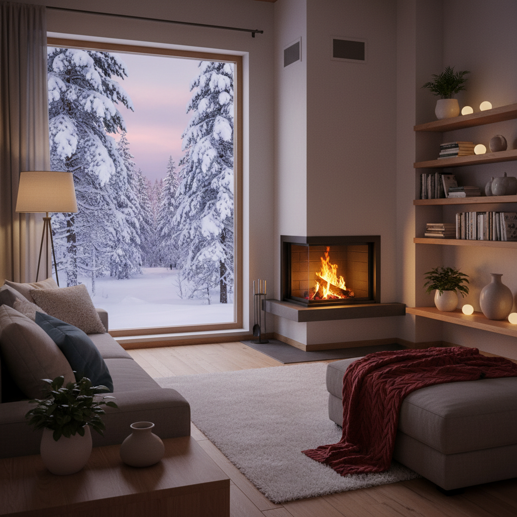 Przytulne, nowocześnie urządzone wnętrze domu w stylu skandynawskim. Przez duże okno widać zaśnieżony, zimowy las o zmierzchu. W środku pali się kominek, a na kanapie leży ciepły, wełniany koc. Całość emanuje ciepłem, spokojem i bezpieczeństwem.