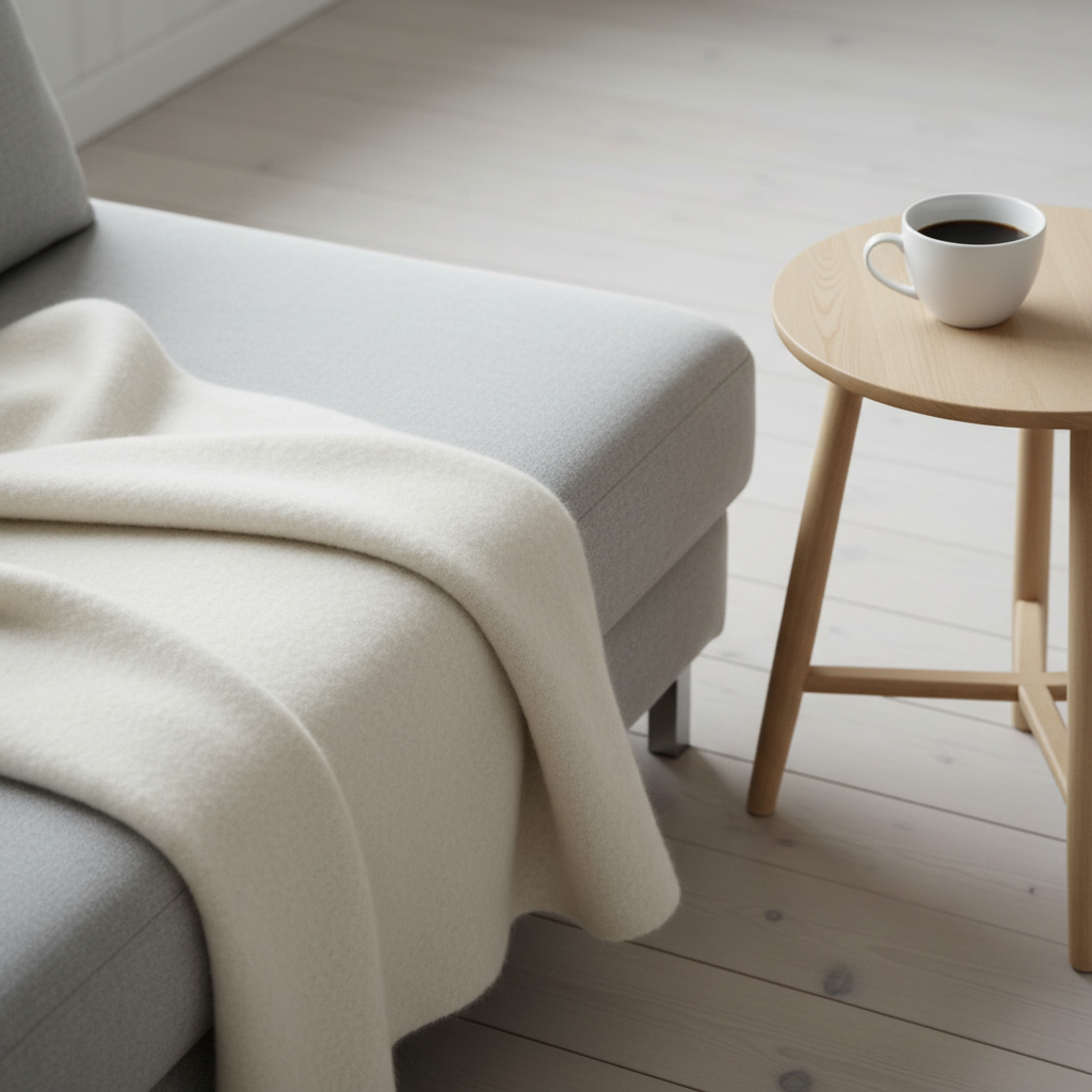 Zbliżenie na fragment salonu w stylu skandynawskim. Widać róg jasnoszarej sofy, na której leży gruby, wełniany pled w kolorze kremowym. Obok sofy stoi mały, okrągły stolik z jasnego drewna, a na nim prosta, biała ceramiczna filiżanka z kawą. W tle fragment drewnianej podłogi. Światło jest miękkie i naturalne.