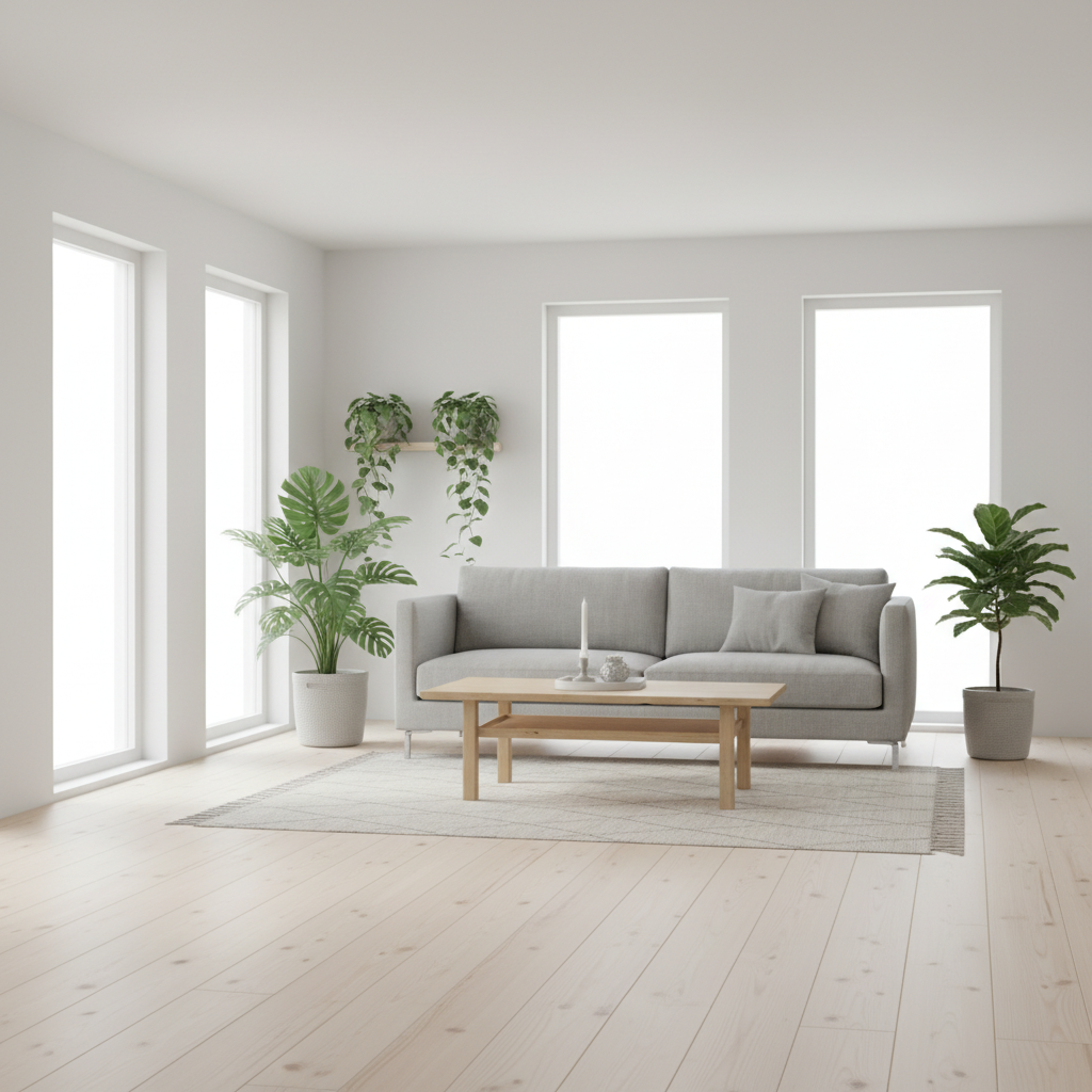 Jasny, przestronny salon w stylu skandynawskim z dużymi oknami, przez które wpada naturalne światło. Na podłodze jasne, drewniane deski. W centrum prosta, szara sofa, drewniany stolik kawowy i kilka zielonych roślin w doniczkach. Ściany są białe, a całość emanuje spokojem i prostotą.