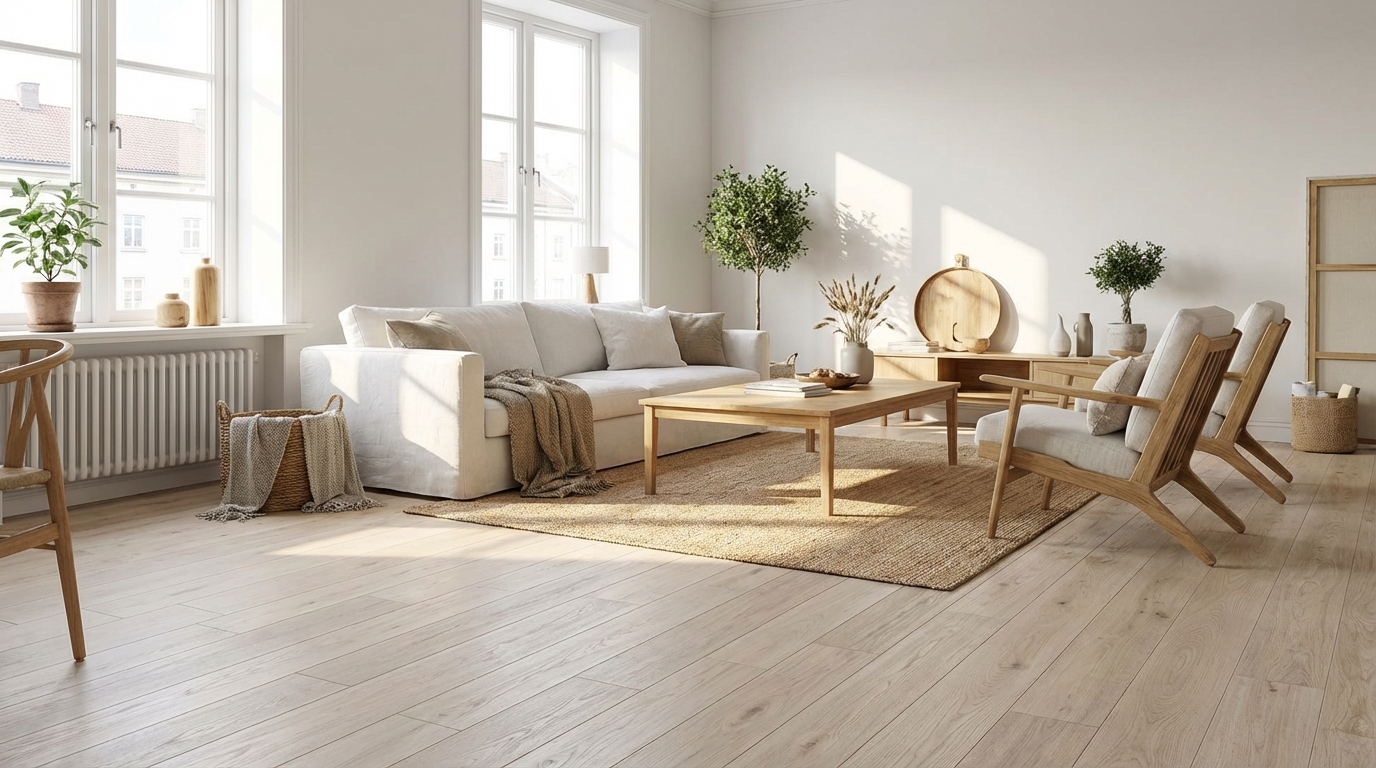 Jasny, przestronny salon w stylu skandynawskim z minimalistycznymi meblami. Podłoga wyłożona jest jasnymi panelami o delikatnym wzorze drewna, a przez duże okno wpada mnóstwo naturalnego światła, tworząc przytulną i spokojną atmosferę.