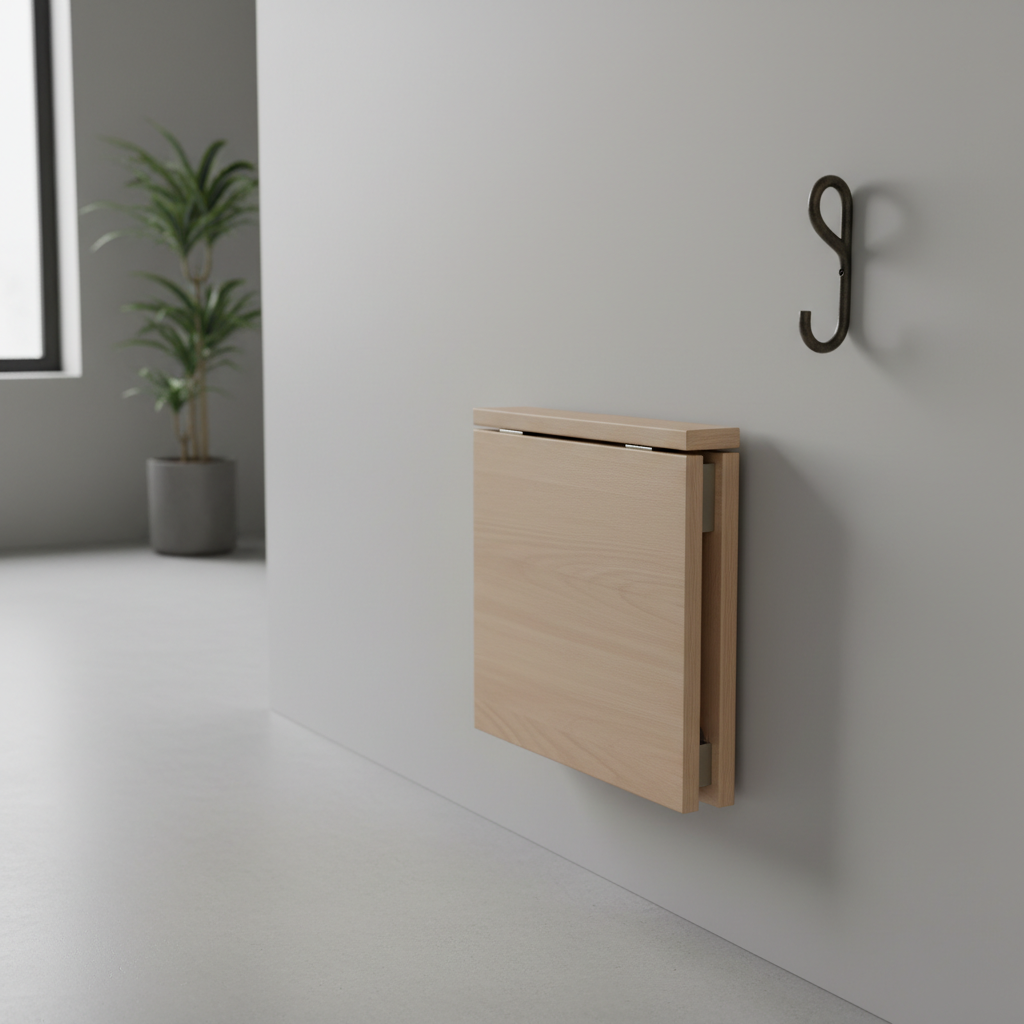 Eleganckie, nowoczesne, składane siedzisko z drewna zamontowane na jasnoszarej ścianie w minimalistycznym przedpokoju. Krzesełko jest aktualnie złożone, pokazując swój smukły profil i to, jak mało miejsca zajmuje. Obok wisi pojedynczy, dekoracyjny haczyk na ścianie. Ujęcie podkreśla oszczędność miejsca i czysty design.