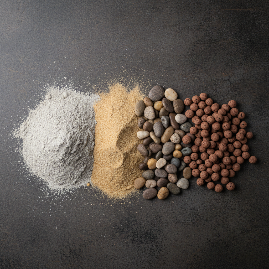 Artystyczna kompozycja na ciemnym, kamiennym tle, przedstawiająca z góry podstawowe składniki betonu: kupka szarego proszku cementowego, obok niej różne frakcje kruszywa – jasny piasek i zaokrąglone kamienie żwiru, a także małe, porowate kulki keramzytu.