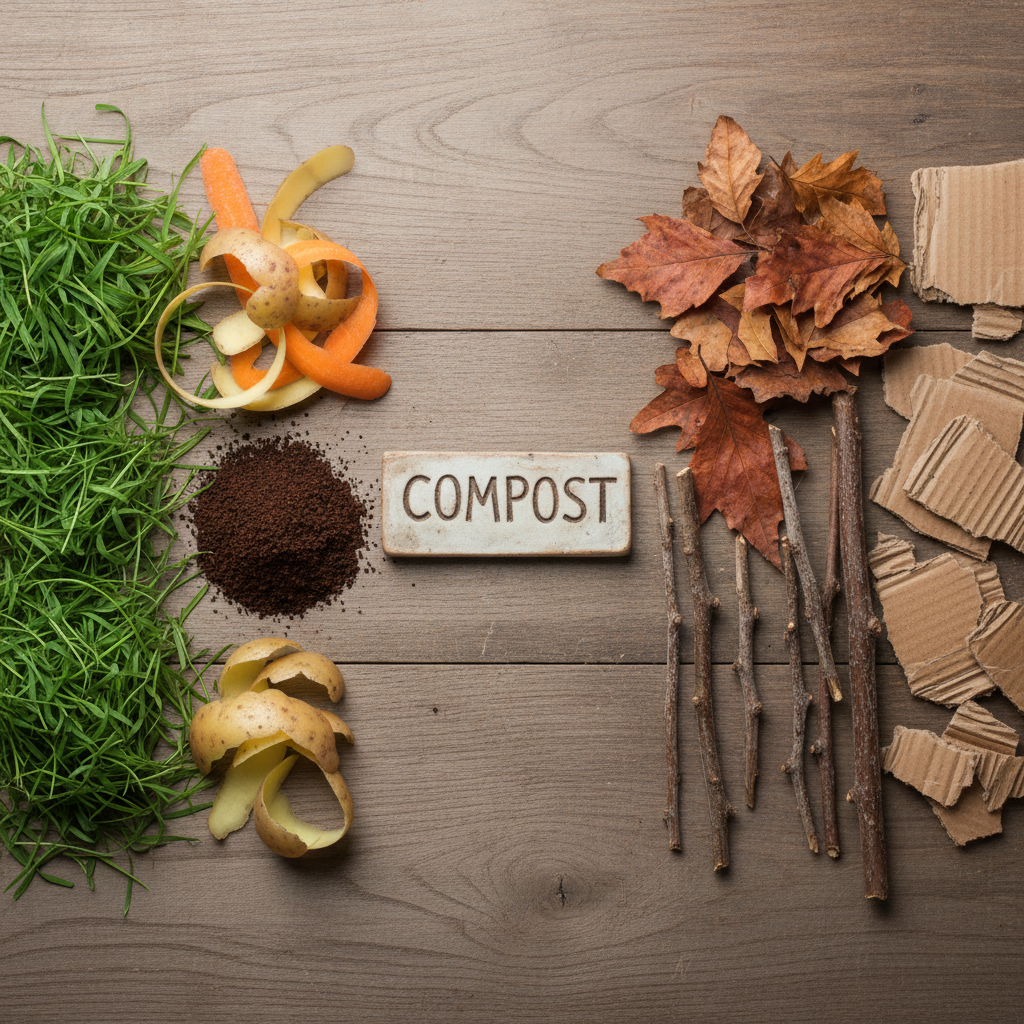 Estetyczna kompozycja typu flat lay na drewnianym tle, przedstawiająca różnorodne składniki kompostu. Po lewej stronie zielone materiały: świeżo skoszona trawa, obierki warzyw, fusy z kawy. Po prawej stronie brązowe materiały: suche, jesienne liście, małe gałązki, rozdrobniona tektura.