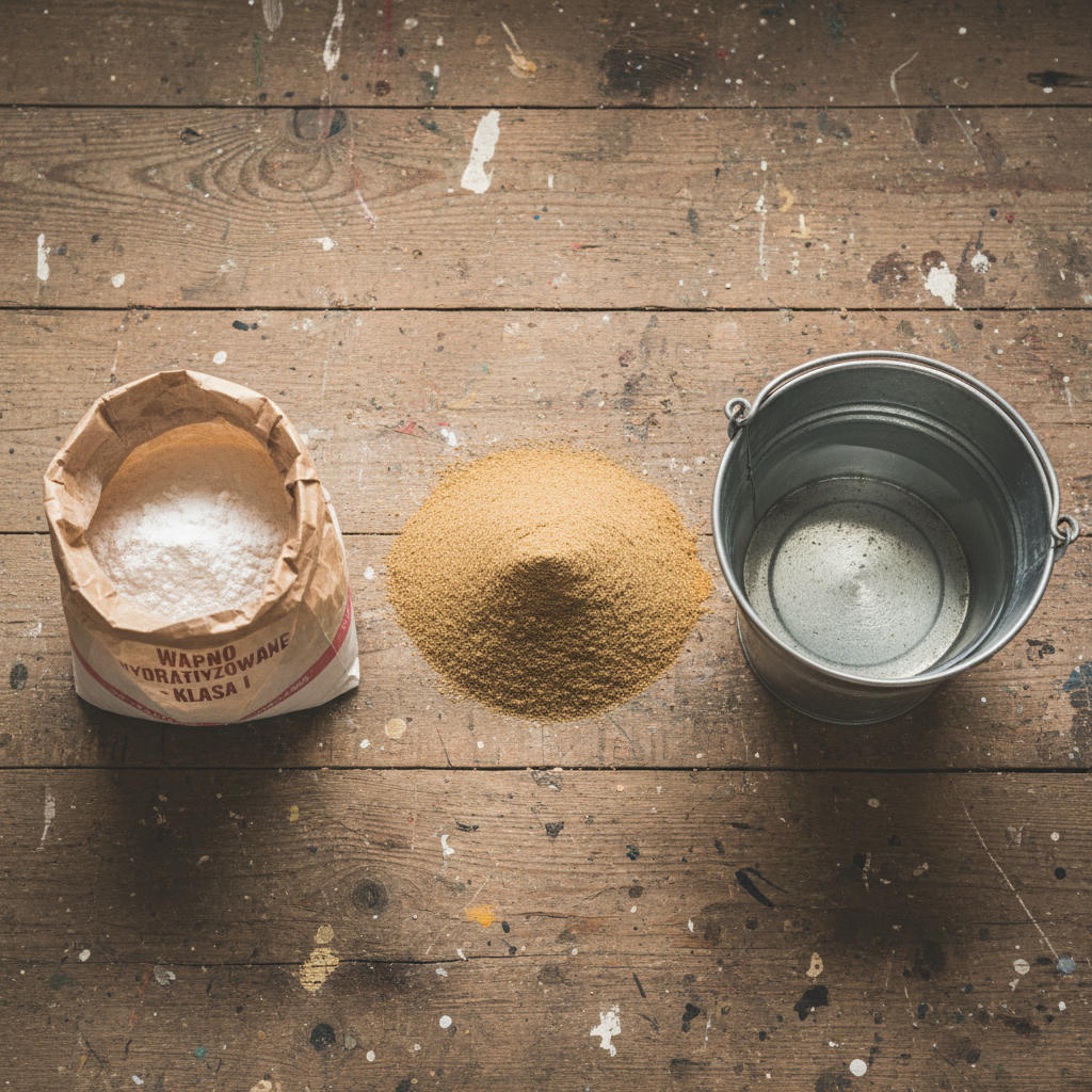 Estetyczne, rustykalne ujęcie z góry przedstawiające podstawowe składniki zaprawy tynkarskiej: czysty, żółty piasek usypany w niewielki kopiec, obok niego otwarta papierowa torba z białym wapnem hydratyzowanym oraz metalowe wiadro z czystą wodą, wszystko na tle surowej, drewnianej podłogi warsztatu.