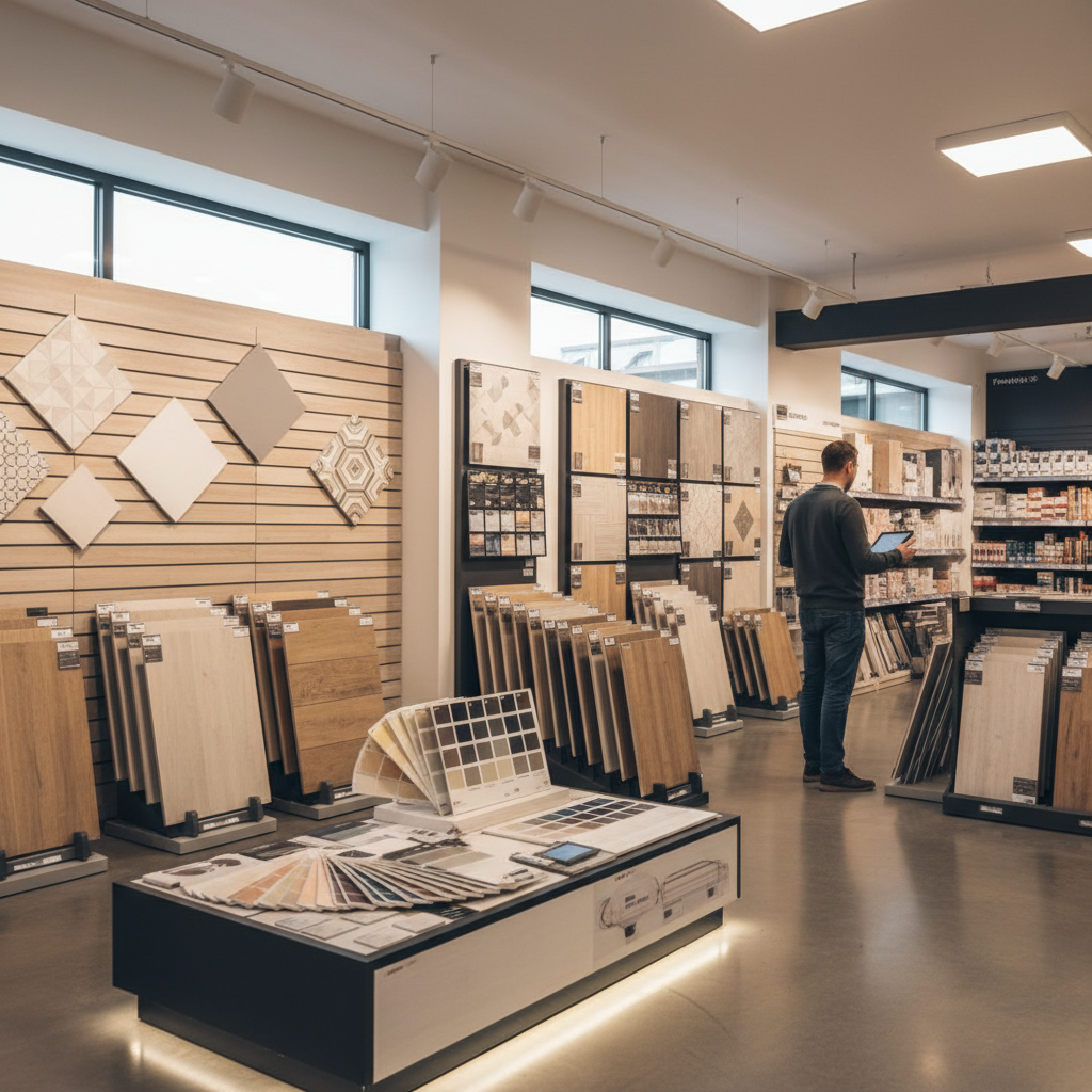 Jasne i nowoczesne wnętrze marketu budowlanego. Kadr ukazuje estetycznie zaaranżowaną ekspozycję z próbkami płytek ceramicznych, paneli podłogowych i wzornikami farb. W tle widać klienta przeglądającego ofertę, co symbolizuje dostępność materiałów i proces podejmowania decyzji zakupowych.