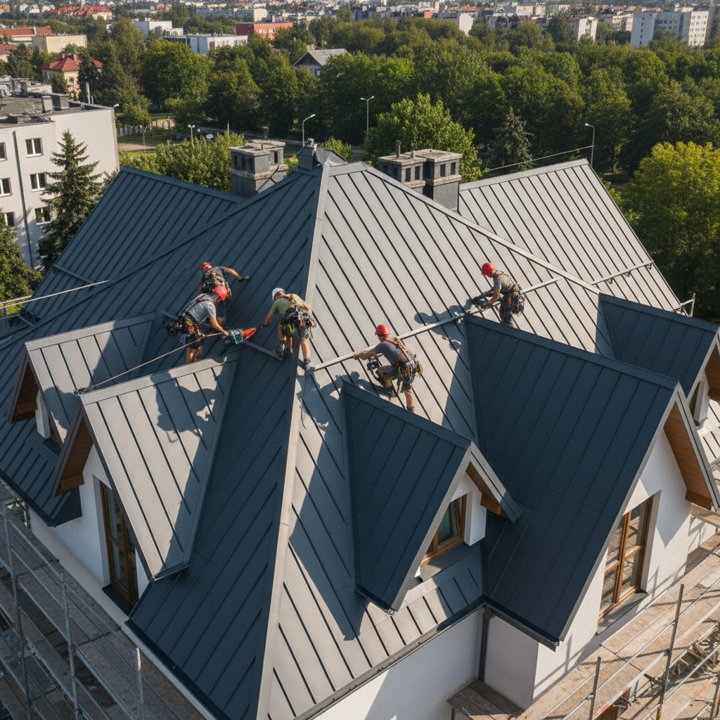 Widok z góry na skomplikowany, wielospadowy dach z licznymi lukarnami i załamaniami, pokryty blachodachówką, ekipa dekarzy jest w trakcie montażu, co ilustruje wyzwania związane z taką konstrukcją.