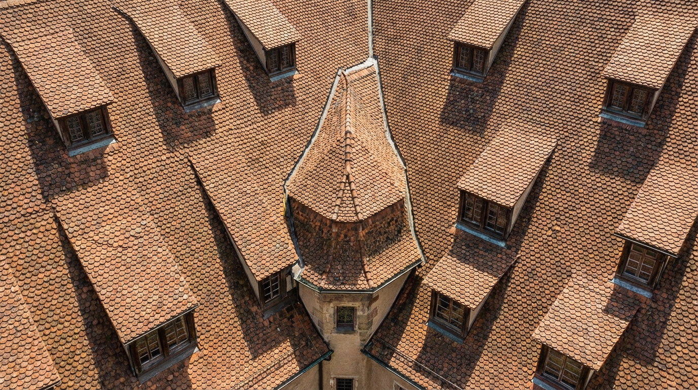 Precyzyjne, lotnicze ujęcie detalu skomplikowanego dachu z wieloma lukarnami i połaciami. Dach jest pokryty małymi, zazębiającymi się dachówkami ceramicznymi, które perfekcyjnie dopasowują się do skomplikowanych kątów i krzywizn, ukazując kunszt wykonania.