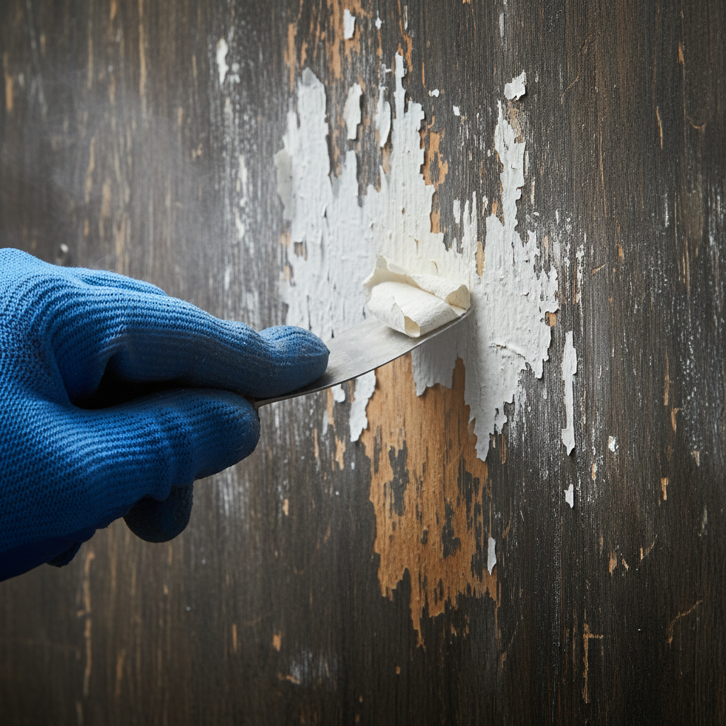 Zbliżenie na dłoń w rękawicy ochronnej, która za pomocą metalowej szpachelki delikatnie podważa i usuwa pęcherze starej farby z drewnianej powierzchni, podgrzanej chwilę wcześniej opalarką. Widać strukturę drewna i zwijające się płaty farby.