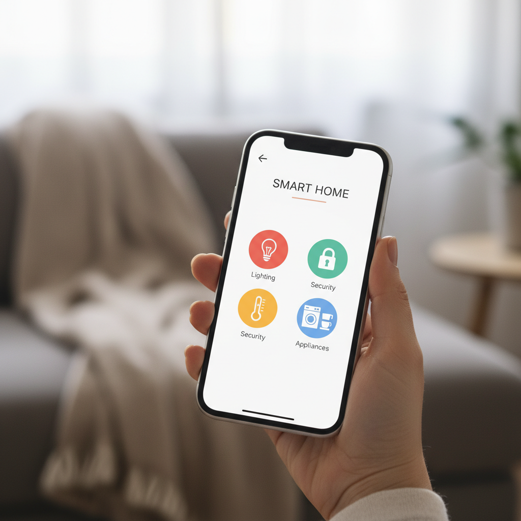 Zbliżenie na kobiecą dłoń trzymającą nowoczesny smartfon. Na ekranie widoczny jest estetyczny i czytelny interfejs aplikacji typu smart home, z ikonami symbolizującymi oświetlenie, temperaturę, bezpieczeństwo i urządzenia AGD. Tło jest lekko rozmyte, ale sugeruje przytulne wnętrze domu.