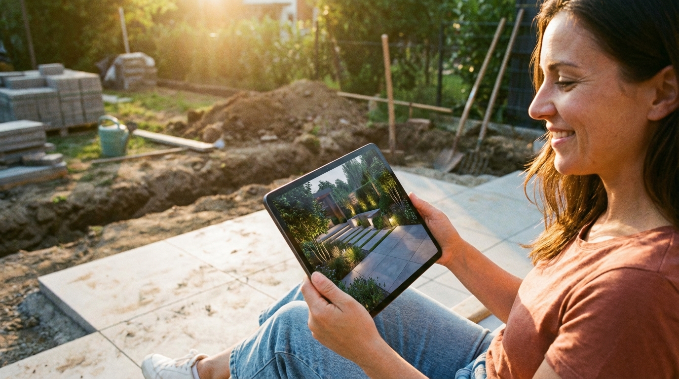 Kobieta siedzi na tarasie, w tle widać początkowy etap prac w ogrodzie. Na ekranie trzymanego przez nią smartfona lub tabletu wyświetla się piękna, gotowa aranżacja tej samej przestrzeni, z nowoczesnymi płytami tarasowymi, zielenią i oświetleniem. Ujęcie jest ciepłe, słoneczne, inspirujące i pokazuje moc wizualizacji.