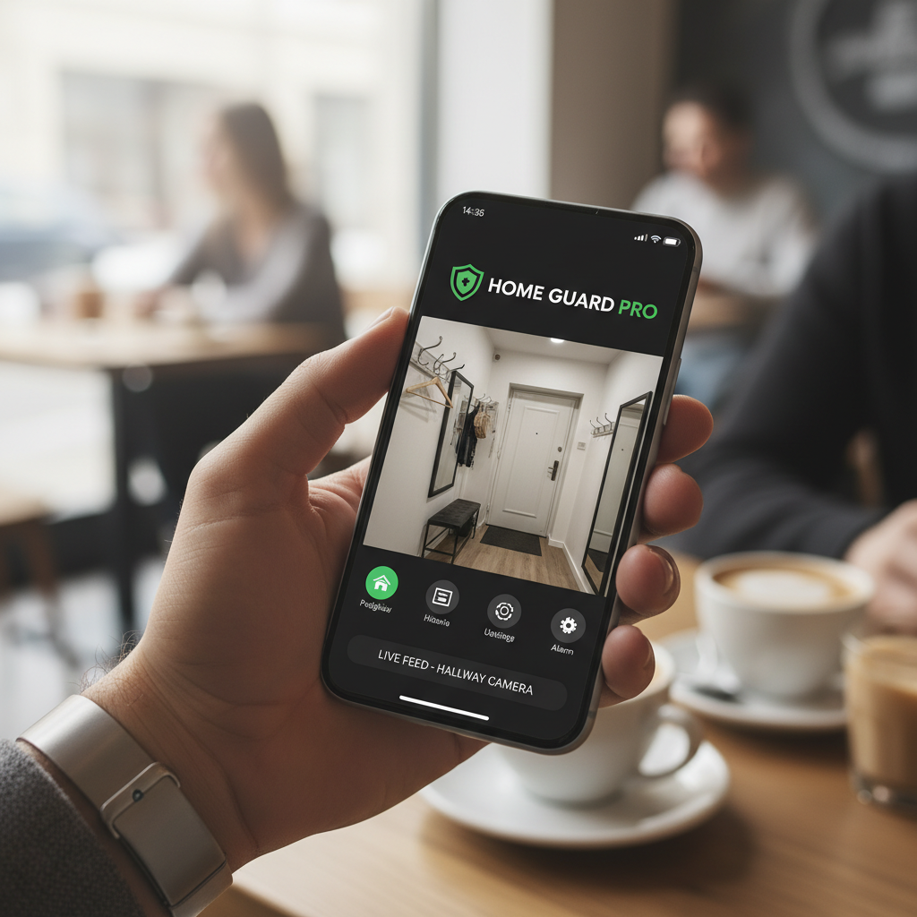 Zbliżenie na dłoń trzymającą nowoczesny smartfon. Na ekranie telefonu widoczny jest interfejs aplikacji do monitoringu domowego z aktywnym podglądem na żywo z kamery umieszczonej w przedpokoju. W tle widać rozmyte wnętrze kawiarni, co podkreśla mobilność i możliwość zdalnego dostępu do systemu bezpieczeństwa z dowolnego miejsca.