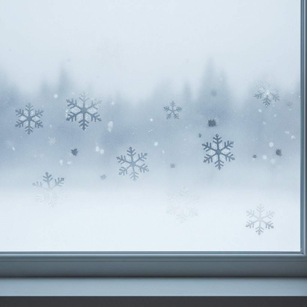 Estetyczna, minimalistyczna dekoracja okienna wykonana przy użyciu sztucznego śniegu i szablonu w kształcie płatków śniegu. Przez szybę widać lekko rozmyty zimowy krajobraz za oknem. Parapet jest czysty i uporządkowany, co podkreśla dbałość o detale.