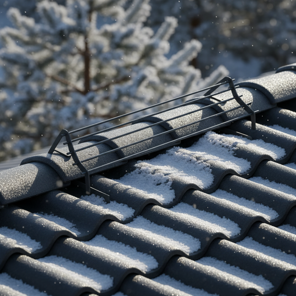 Artystyczne, szczegółowe ujęcie płotka przeciwśniegowego zamontowanego na dachu z eleganckiej, antracytowej dachówki ceramicznej. Na płotku i dachówkach leży niewielka warstwa świeżego, iskrzącego się w słońcu śniegu. Zdjęcie podkreśla zarówno funkcjonalność, jak i estetykę tego rozwiązania.