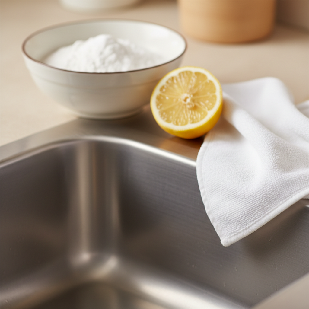 Lśniący, stalowy zlew kuchenny po czyszczeniu. W tle widoczna jest elegancka, ceramiczna miseczka z gęstą pastą z sody oczyszczonej oraz połówka soczystej cytryny. Delikatne refleksy światła na metalowej powierzchni podkreślają nieskazitelną czystość. Całość utrzymana w ciepłej, domowej estetyce.