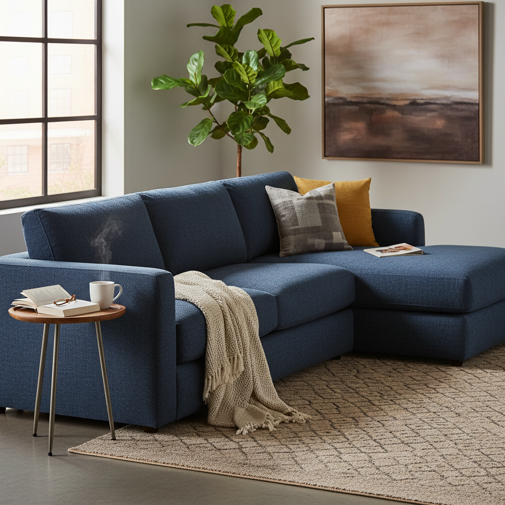 Przytulny kącik w nowoczesnym salonie. Duża, modułowa sofa w kolorze głębokiego granatu, obita tkaniną o wyraźnej fakturze plecionki. Na sofie leży beżowy, dzianinowy koc i kilka dekoracyjnych poduszek. Obok stoi mały, okrągły stolik pomocniczy z filiżanką kawy i otwartą książką. Ciepłe, rozproszone światło pada z boku.
