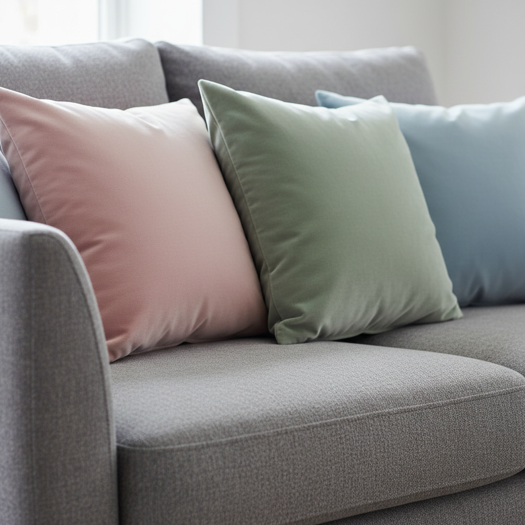 Zbliżenie na fragment wygodnej sofy obitej tkaniną w kolorze gołębiej szarości. Na sofie leżą welurowe poduszki w różnych pastelowych kolorach: pudrowego różu, szałwiowej zieleni i bladego błękitu. Faktury materiałów są zróżnicowane, co dodaje kompozycji głębi. Całość jest skąpana w miękkim, rozproszonym świetle, tworząc przytulną i harmonijną scenę.
