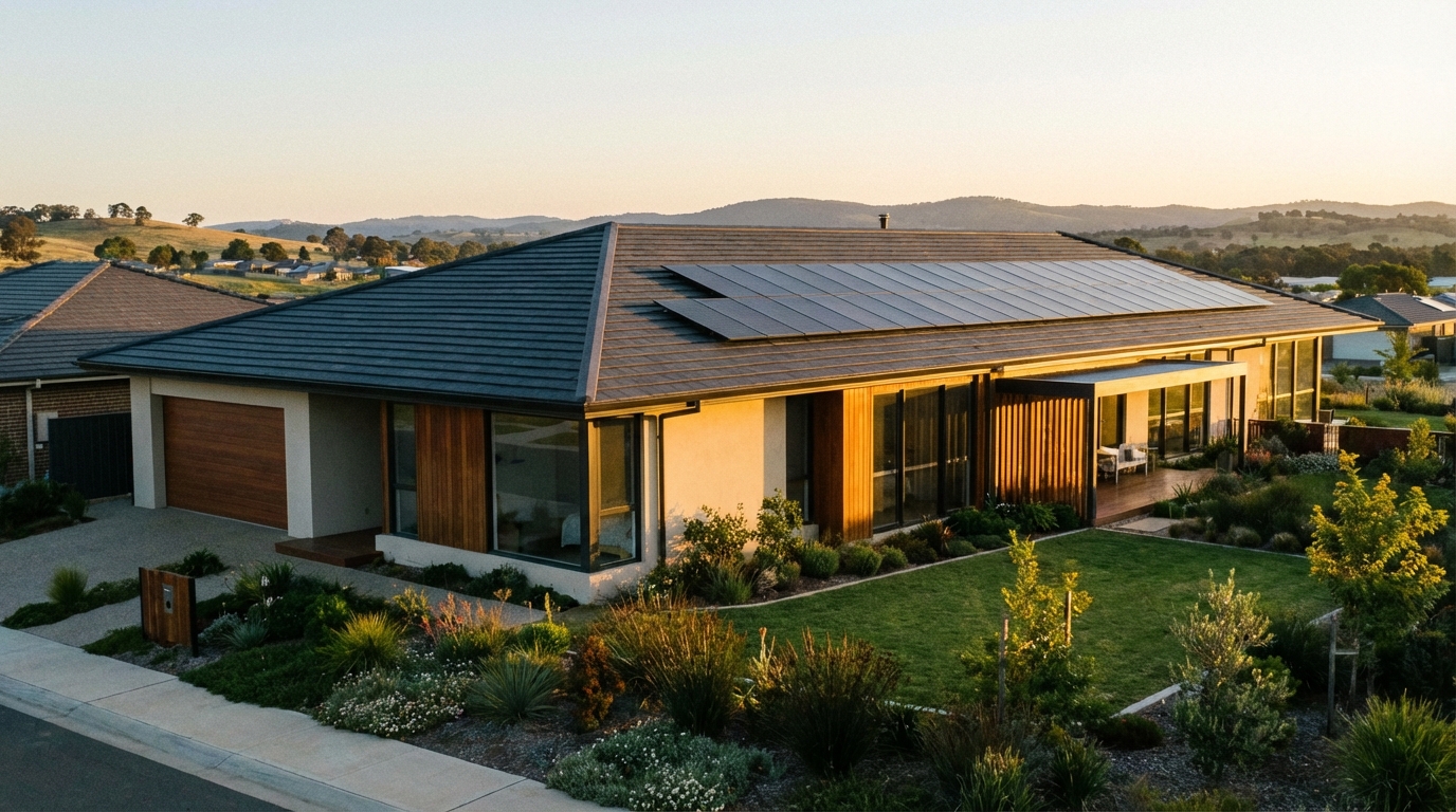 Piękny, nowoczesny dom jednorodzinny z dachem pokrytym ciemną, płaską dachówką. Na jednej z połaci dachu idealnie zintegrowane są kolektory słoneczne. Scena uchwycona o zachodzie słońca, z ciepłym, złotym światłem podkreślającym ekologiczny i nowoczesny charakter budynku. W tle widać zadbany ogród i spokojną okolicę.
