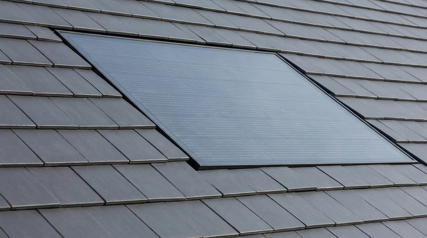 Zbliżenie na fragment dachu pokrytego nowoczesną, antracytową dachówką płaską. W połać dachu idealnie wkomponowany jest panel solarny, tworząc z dachówkami jednolitą, gładką powierzchnię. Zdjęcie podkreśla estetykę i precyzję montażu zintegrowanego.